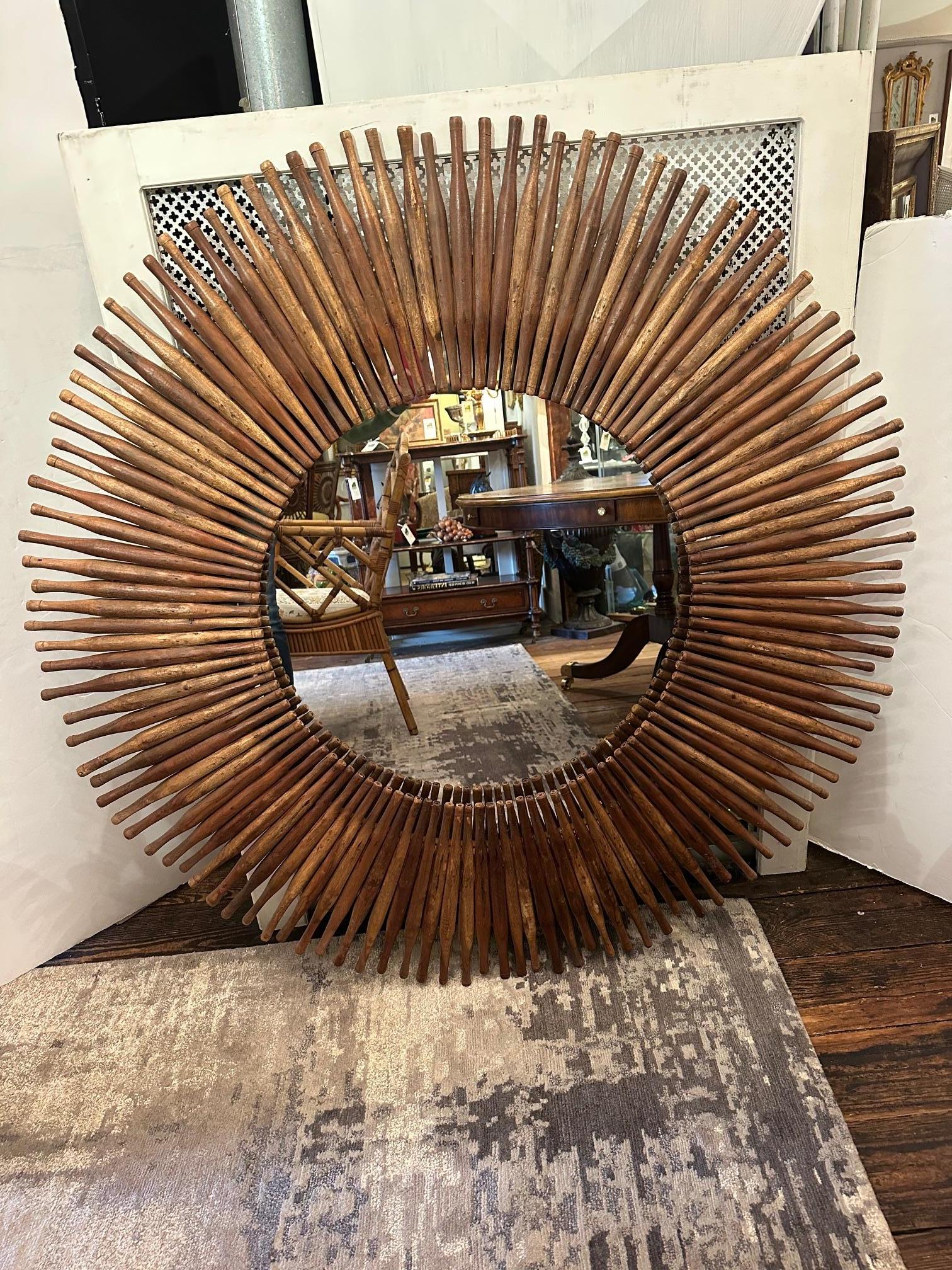 Contemporary Eye Catching Large Round Mirror with Rustic Wooden Rolling Pins For Sale
