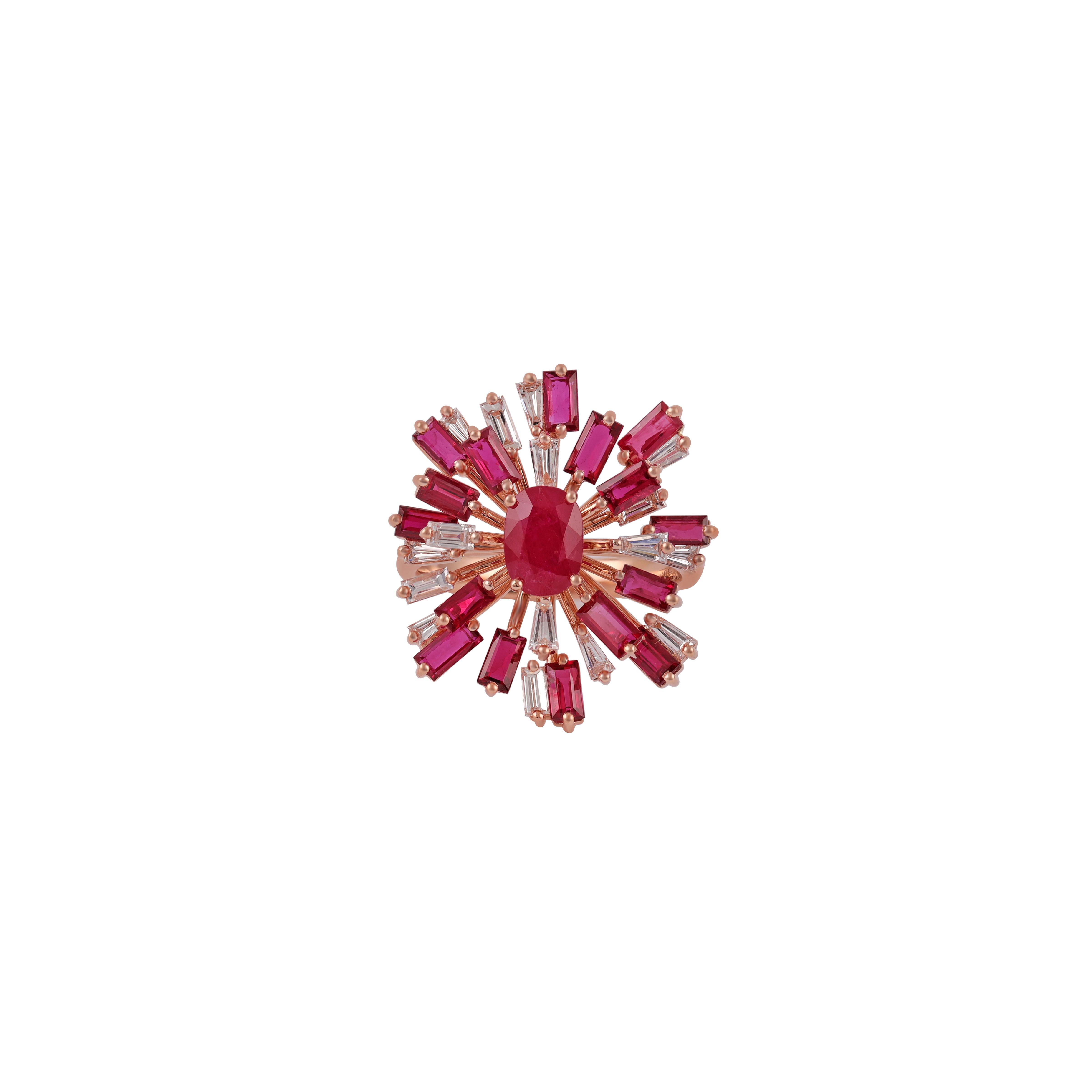 Eye Catching Mozambique Ruby with Diamond 
1 Oval shape ruby in 0.94 CTS
16 Ruby Baguette 2.57 CTS
16 Diamond Baguette 0.74
18 K Rose gold in 6.16 GMS