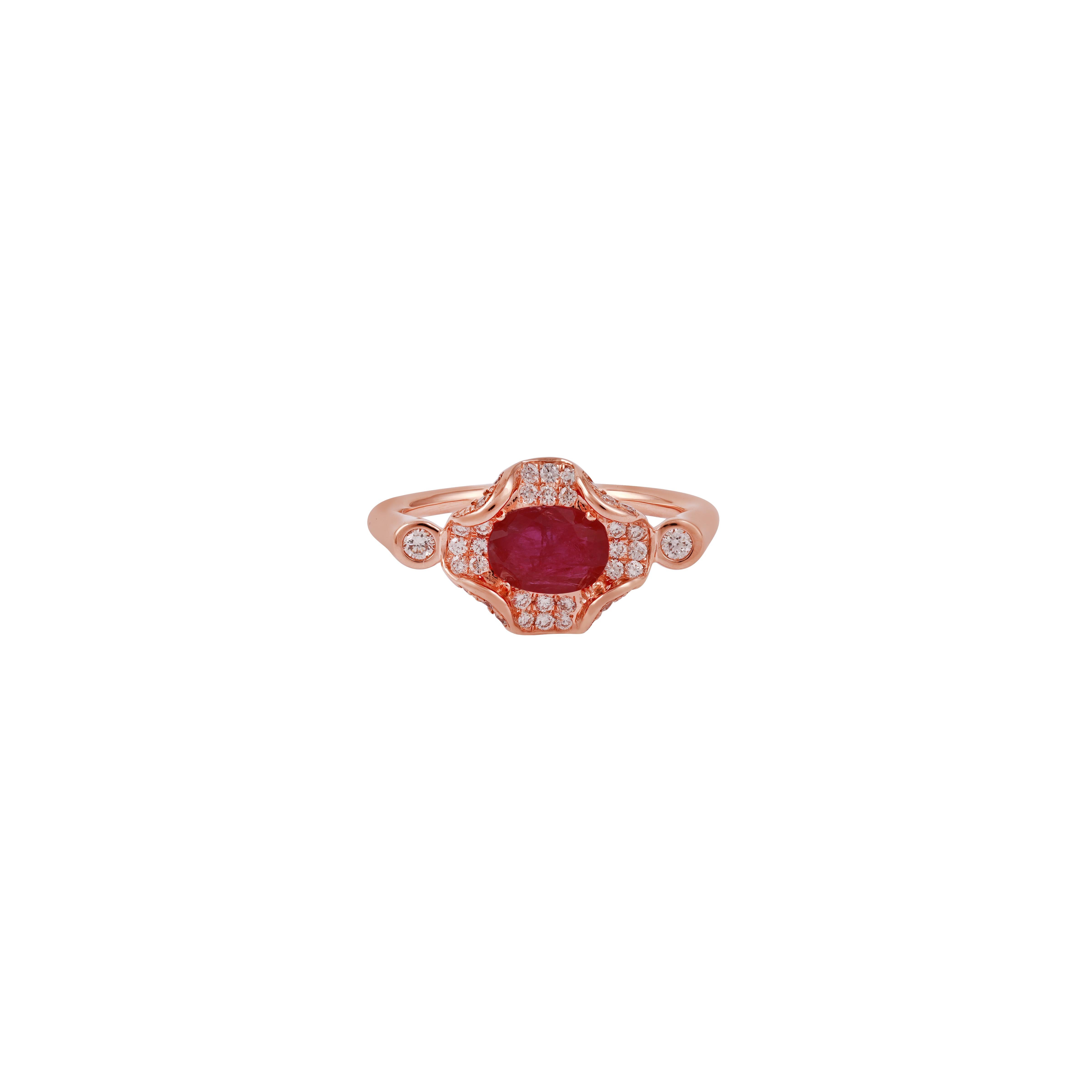 Eye Catching Mozambique Ruby with Diamond
1 Oval shape ruby in 0.83 CTS
42 Diamond  0.33
18 K Rose gold in 3.47 GMS
SIZE-6.5 us
can be resize 