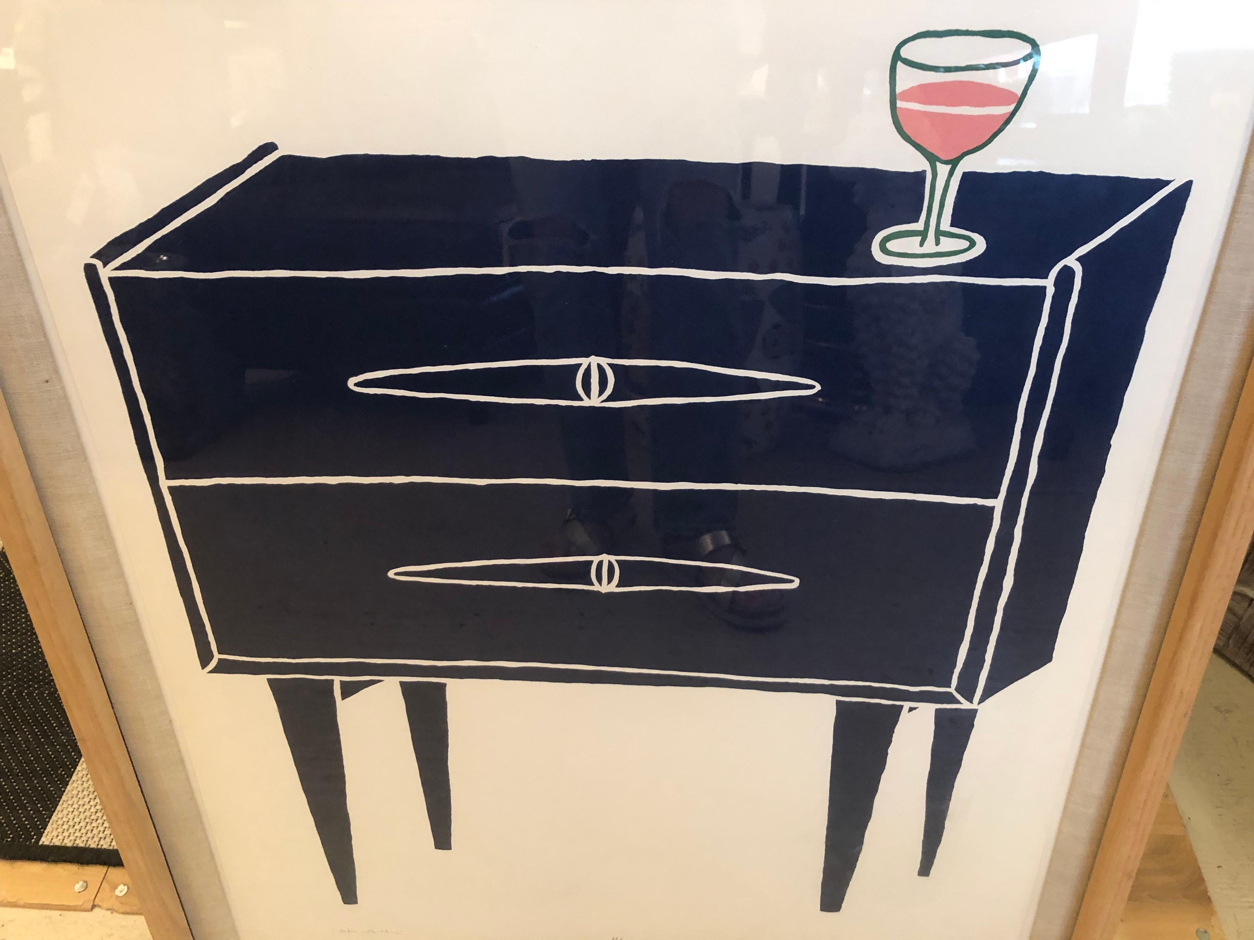 #9/12 and #4/12 limited edition signed silkscreen prints of a navy blue night stand, one with orange glass of wine on top;  the other an orange ashtray.  Makes a fun and bold pair of pop art by NJ artist Paul Giancola.