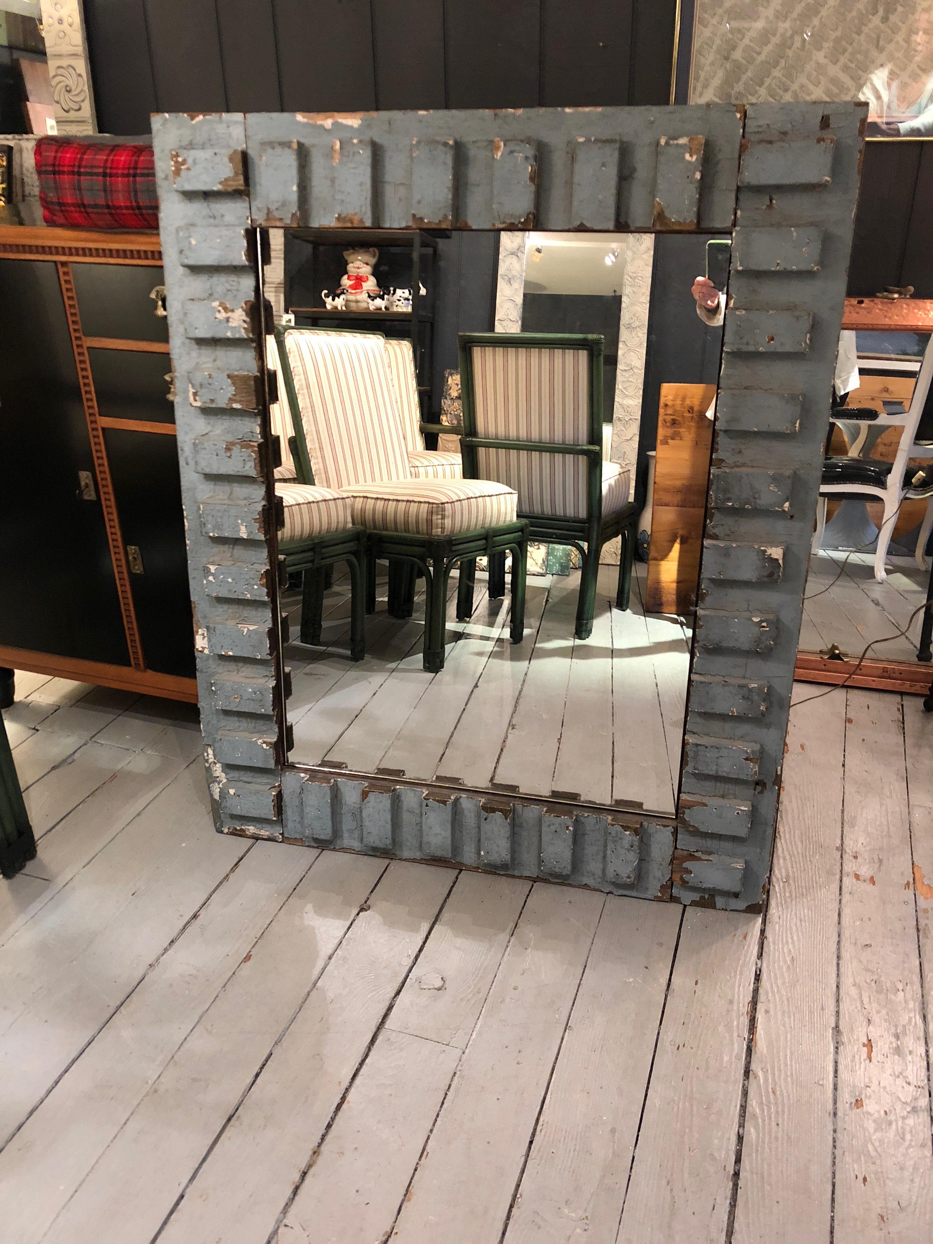 Mid-20th Century Eye-Catching Rustic Grey Blue Painted Reclaimed Wood Mirror