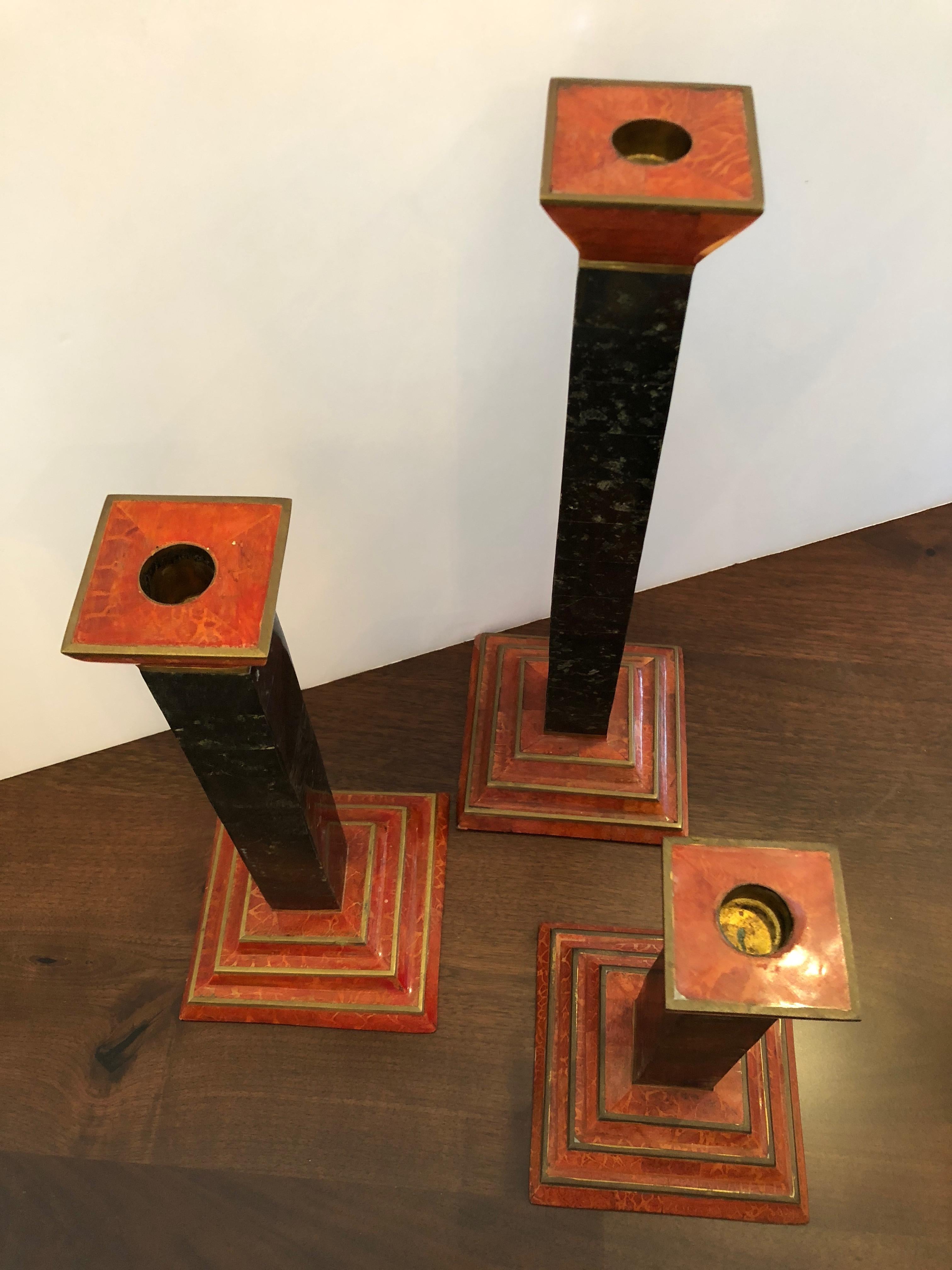 Eye-Catching Trio of Mid-Century Modern Marble and Brass Candlesticks For Sale 1