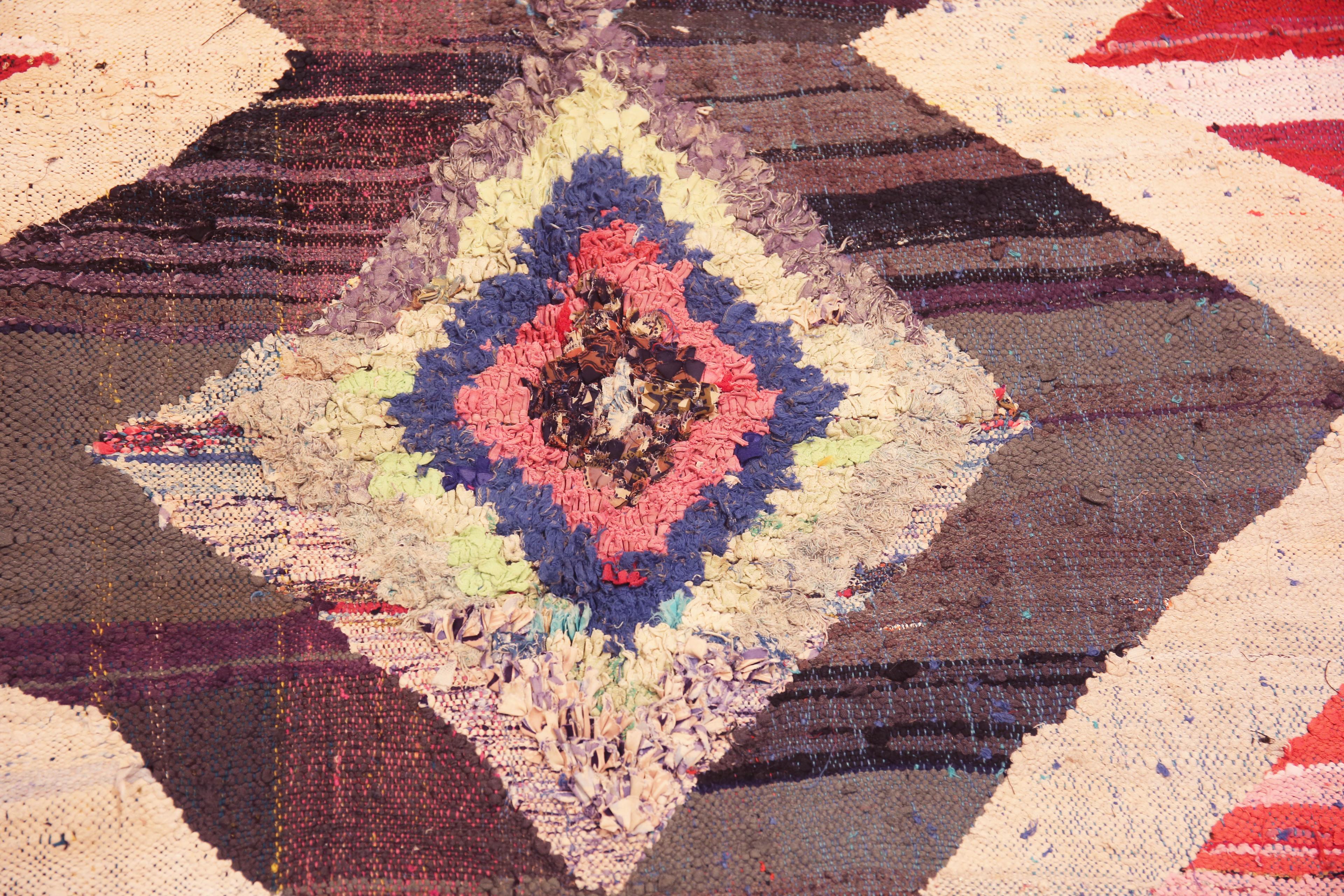 Hand-Woven Eye-Catching Vintage Moroccan Boucherouite Geometric Rug 5' x 8' For Sale