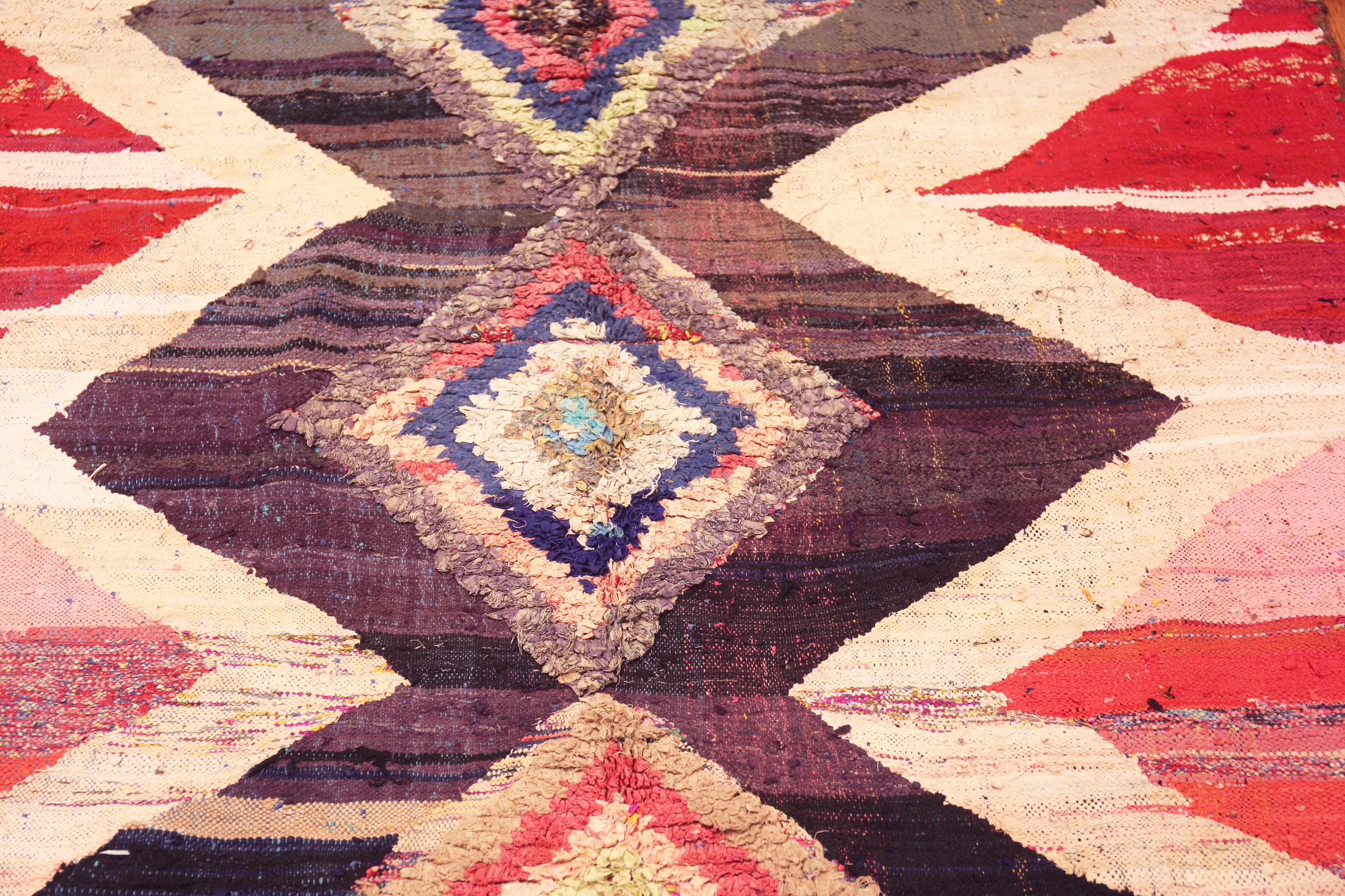 20th Century Eye-Catching Vintage Moroccan Boucherouite Geometric Rug 5' x 8' For Sale