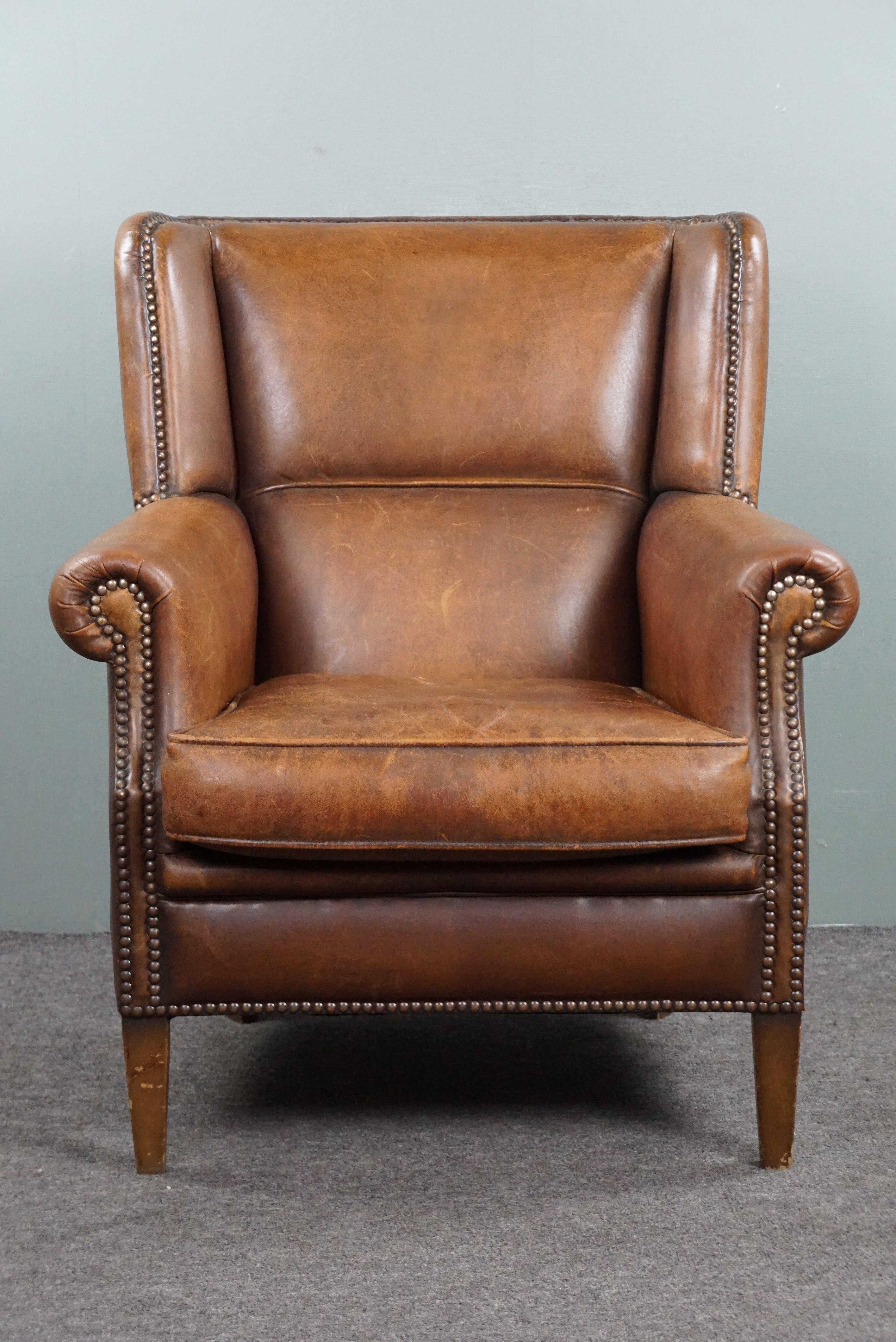 Eye-catching weathered sheep leather wingchair In Good Condition For Sale In Harderwijk, NL