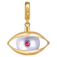 Eye Charm 18 Karat Yellow Gold Akoya Pearl Ruby Diamond