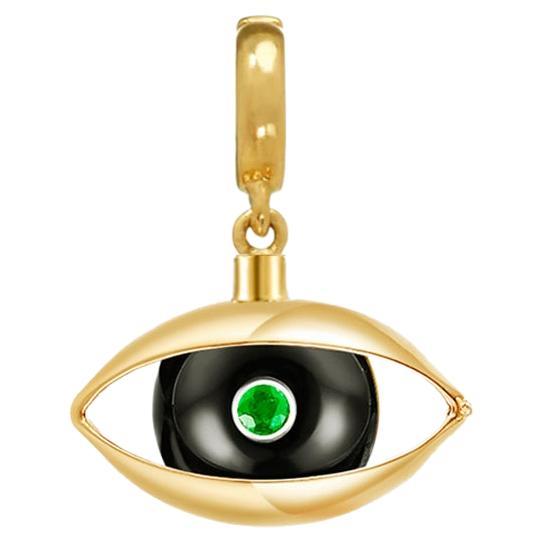 Eye Charm 18 Karat Yellow Gold Black Onyx Emerald Diamond For Sale