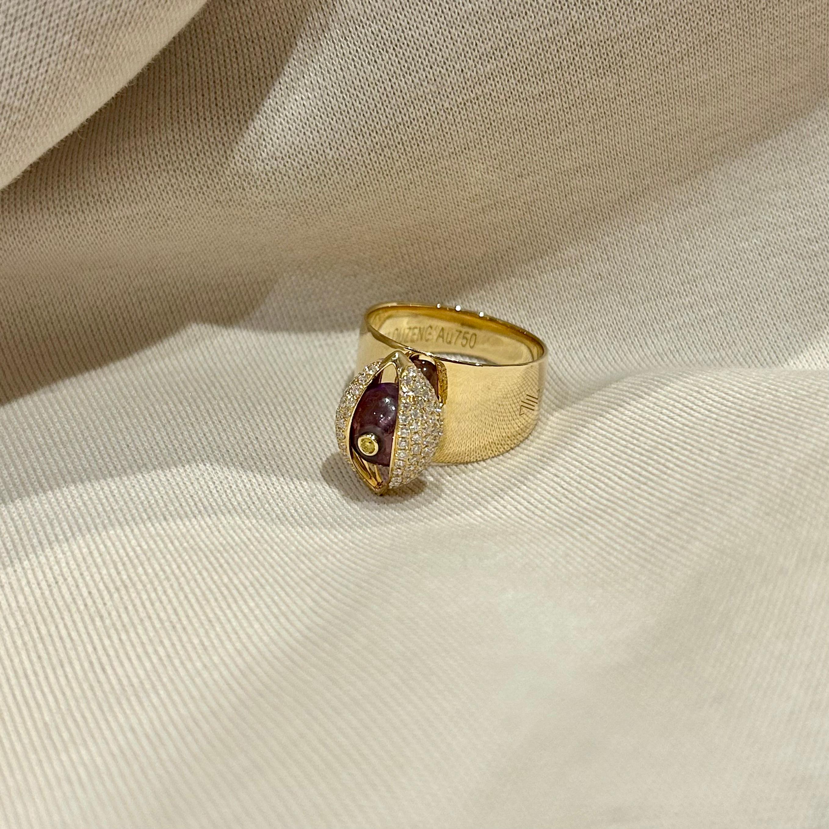 Artisan Eye Cocktail Ring 18 Karat Yellow Gold Diamond Purple Amethyst Yellow Diamond For Sale