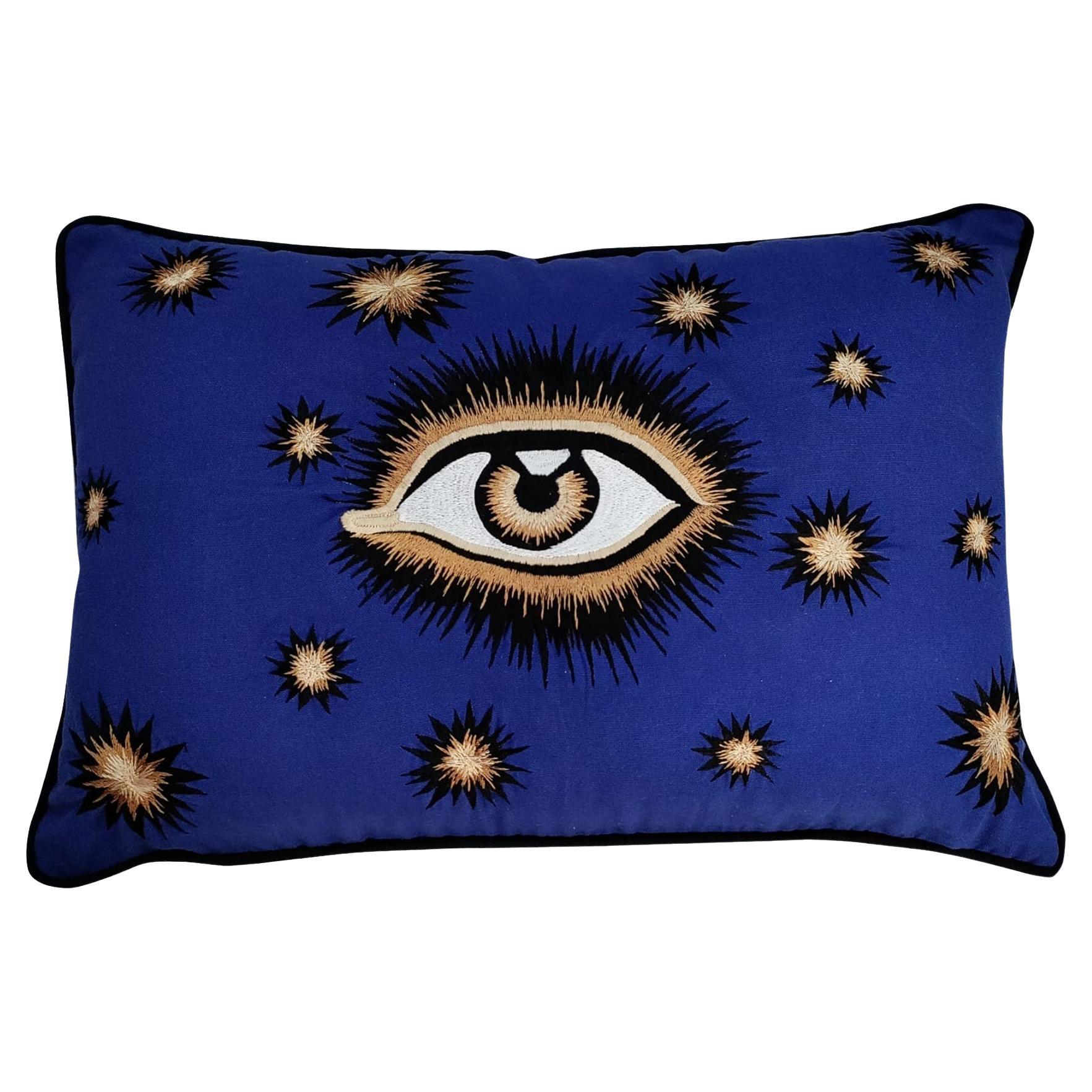 Eye Handembroidered blue Pillow For Sale