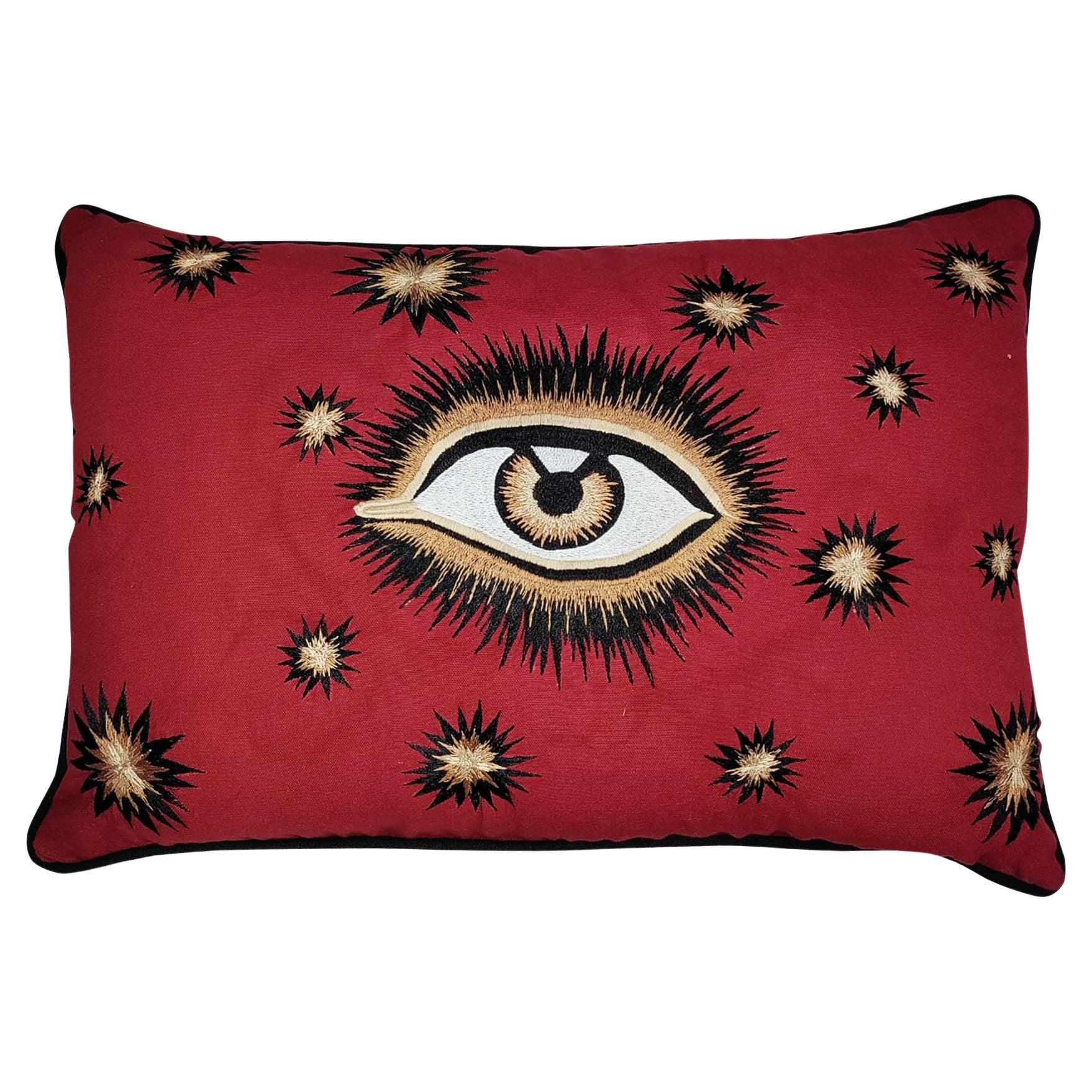 Eye Handembroidered Red Pillow For Sale