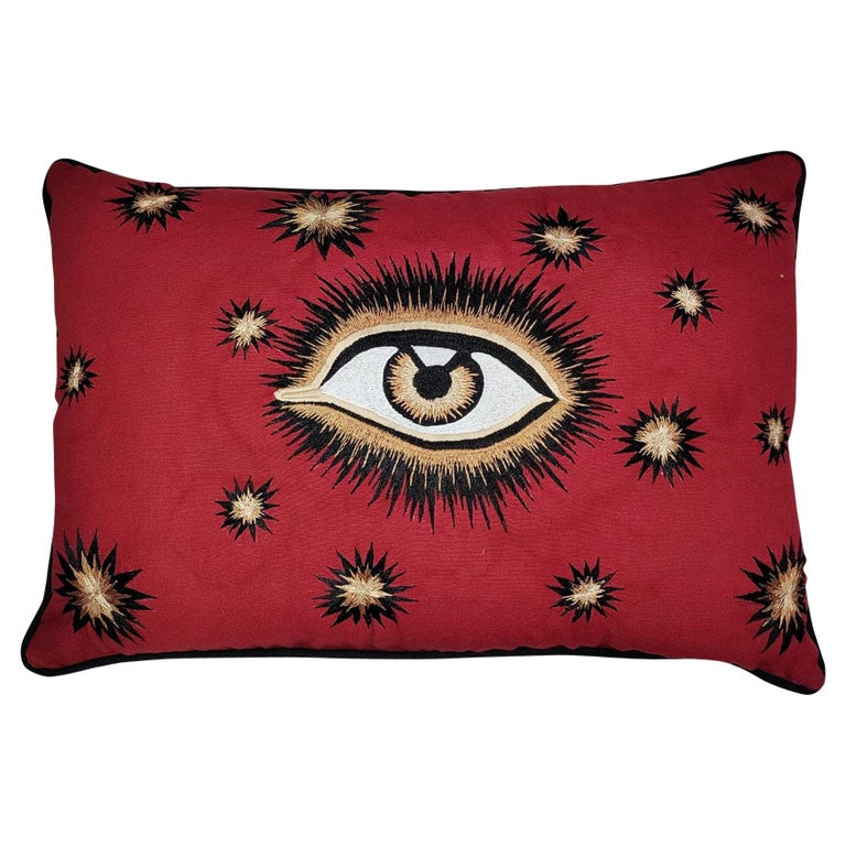 Eye Handembroidered Red Pillow For Sale at 1stDibs