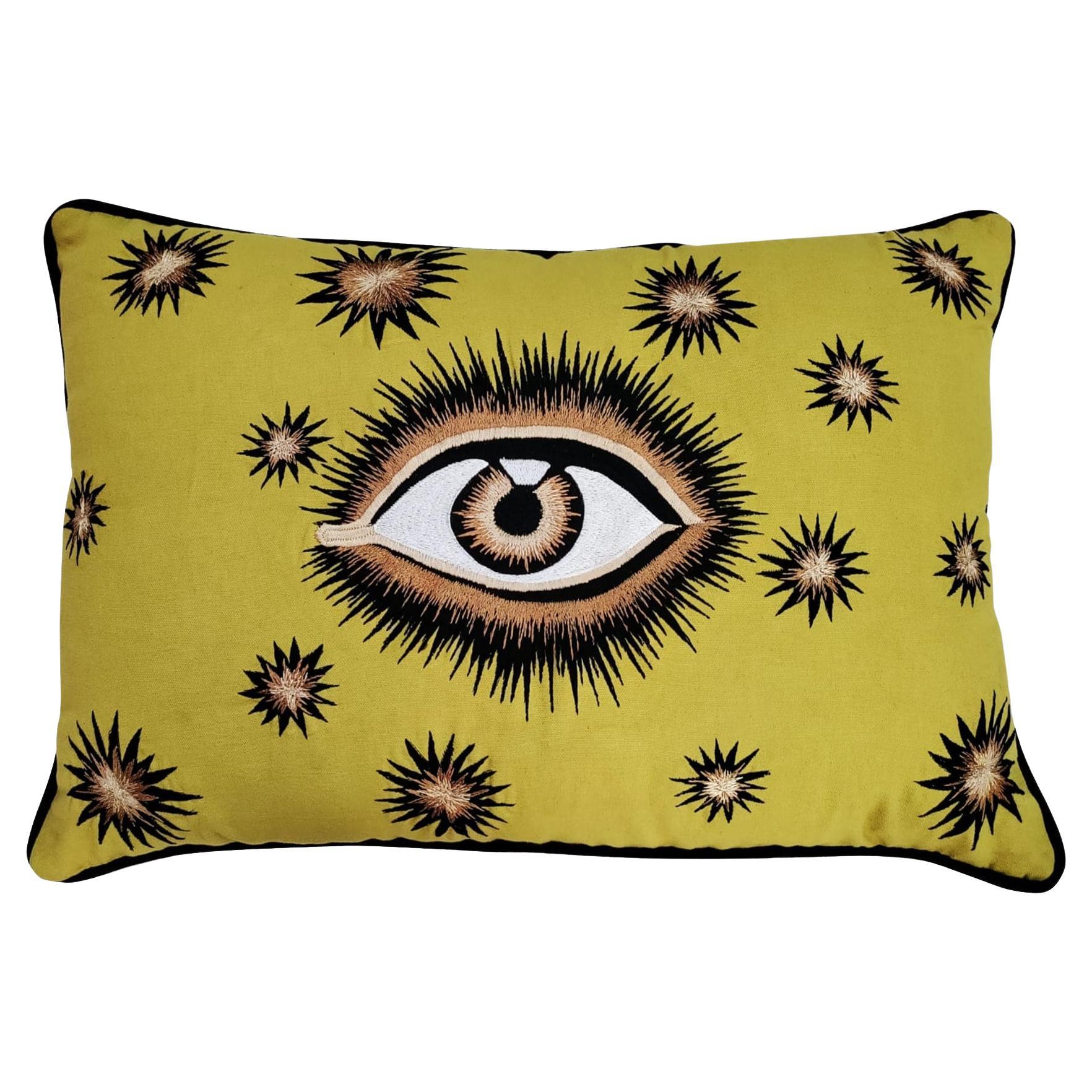 Eye Handembroidered Yellow Pillow For Sale