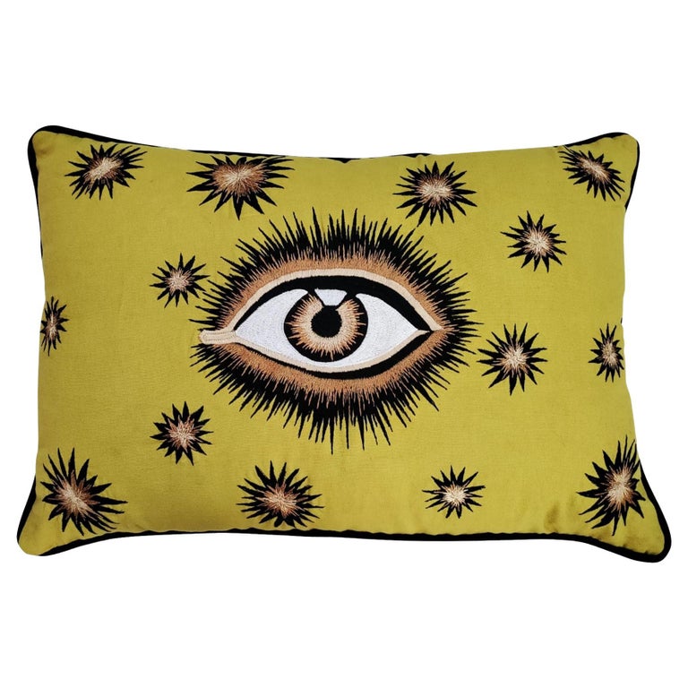 Eye Handembroidered Yellow Pillow For Sale at 1stDibs