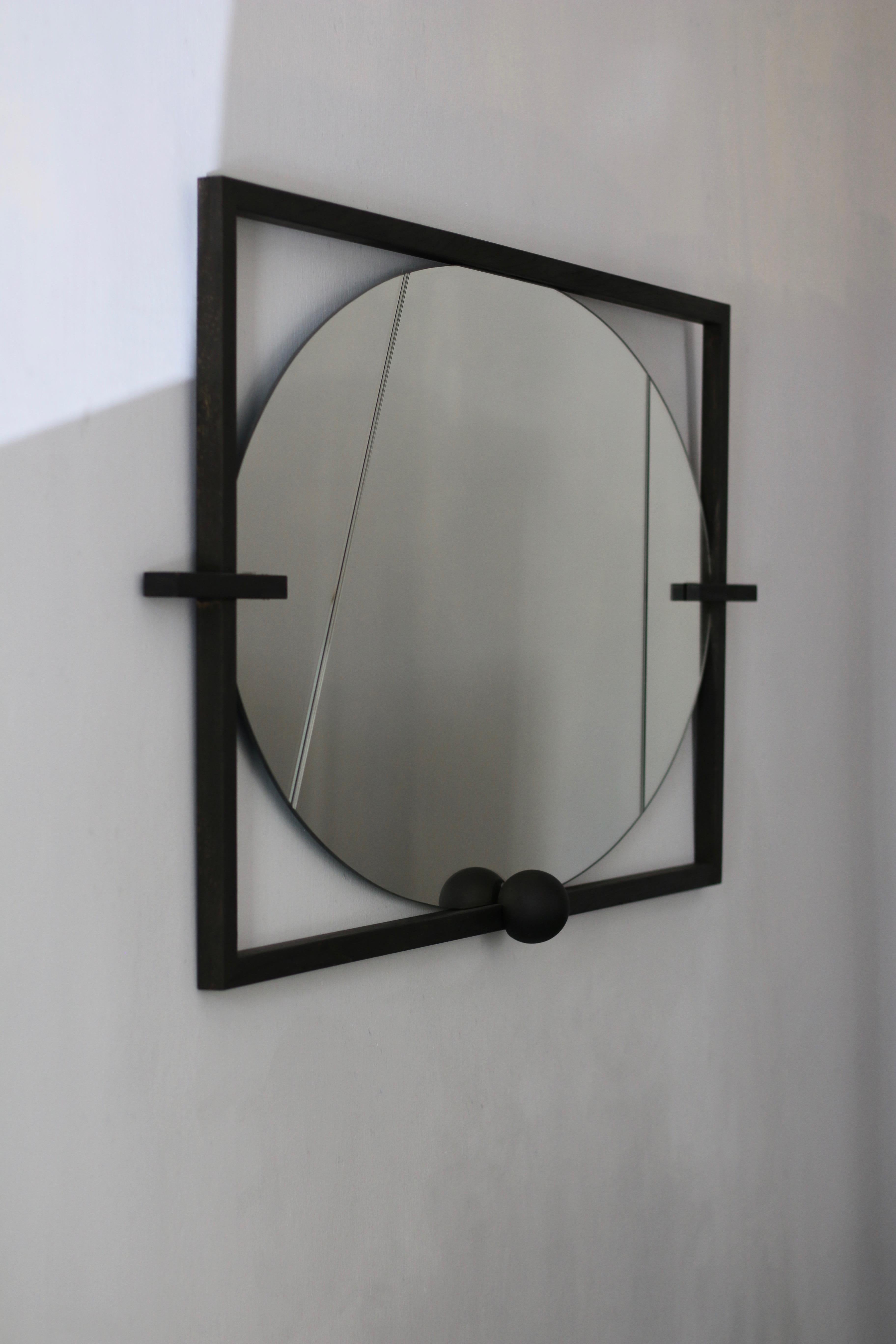 Hand-Carved 'E.Y.E.' Large Oval Wall Mirror in Black Oak  For Sale