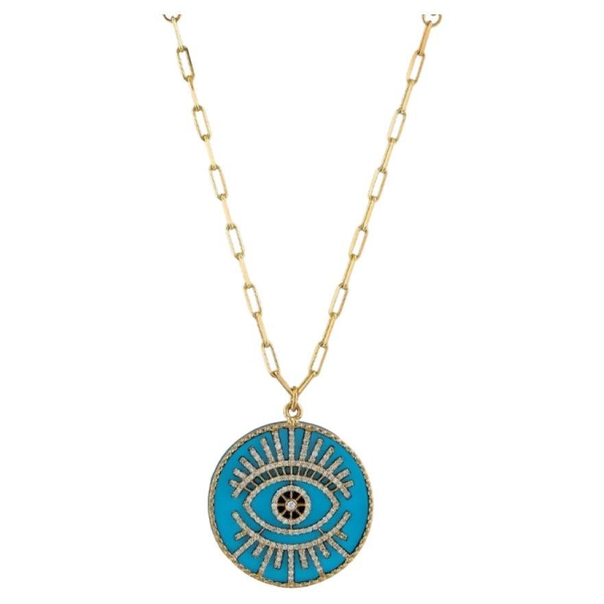 Eye Light Turquoise 14K Gold/ White Diamond Pendant In New Condition For Sale In West Hollywood, CA