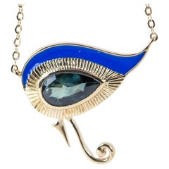 Eye of Horus 1.02ct Nigerian Sapphire Blue Enamel 14K Yellow Gold Necklace R4117