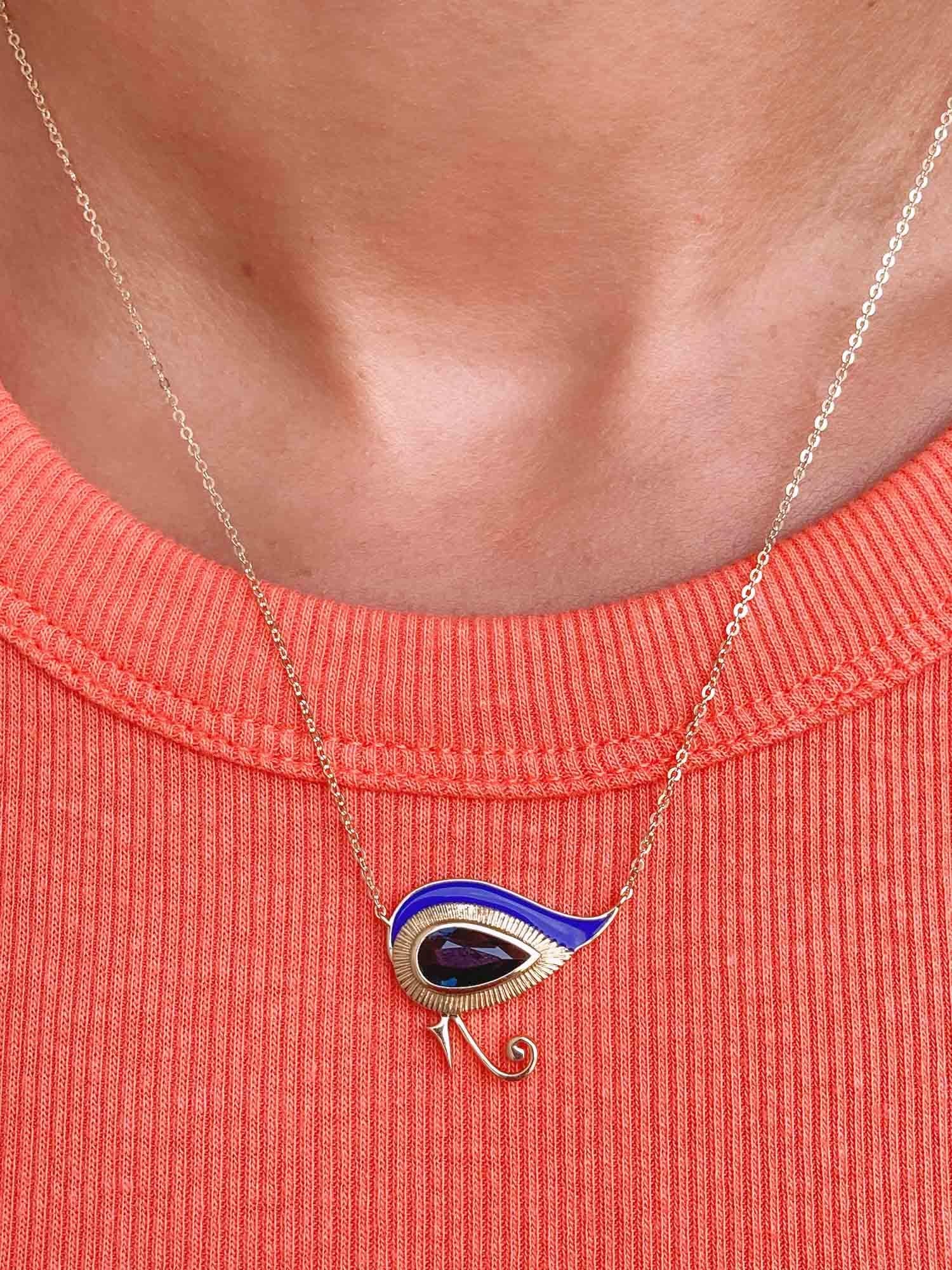Eye of Horus 1.82ct Nigerian Sapphire with Blue Enamel 9K Gold Necklace In New Condition For Sale In Osprey, FL
