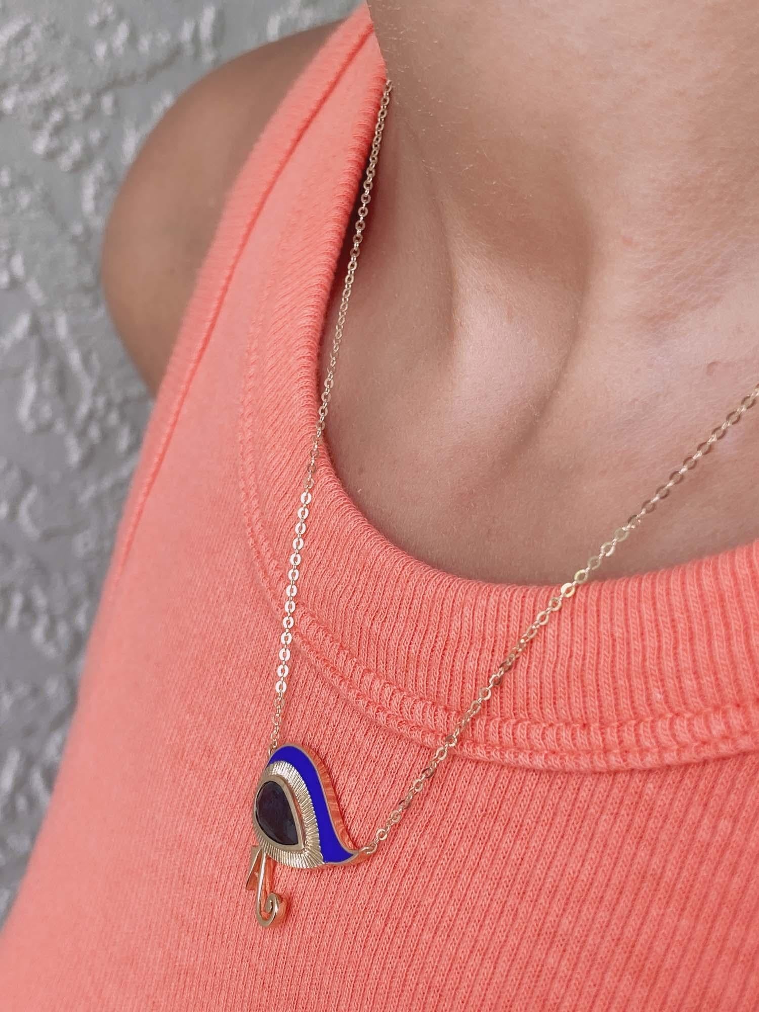 Women's Eye of Horus 1.82ct Nigerian Sapphire with Blue Enamel 9K Gold Necklace For Sale
