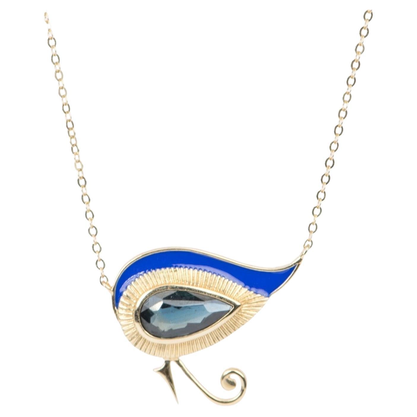 Eye of Horus 1.82 Ct Nigerian Sapphire with Blue Enamel 9k Gold Necklace R4262 For Sale