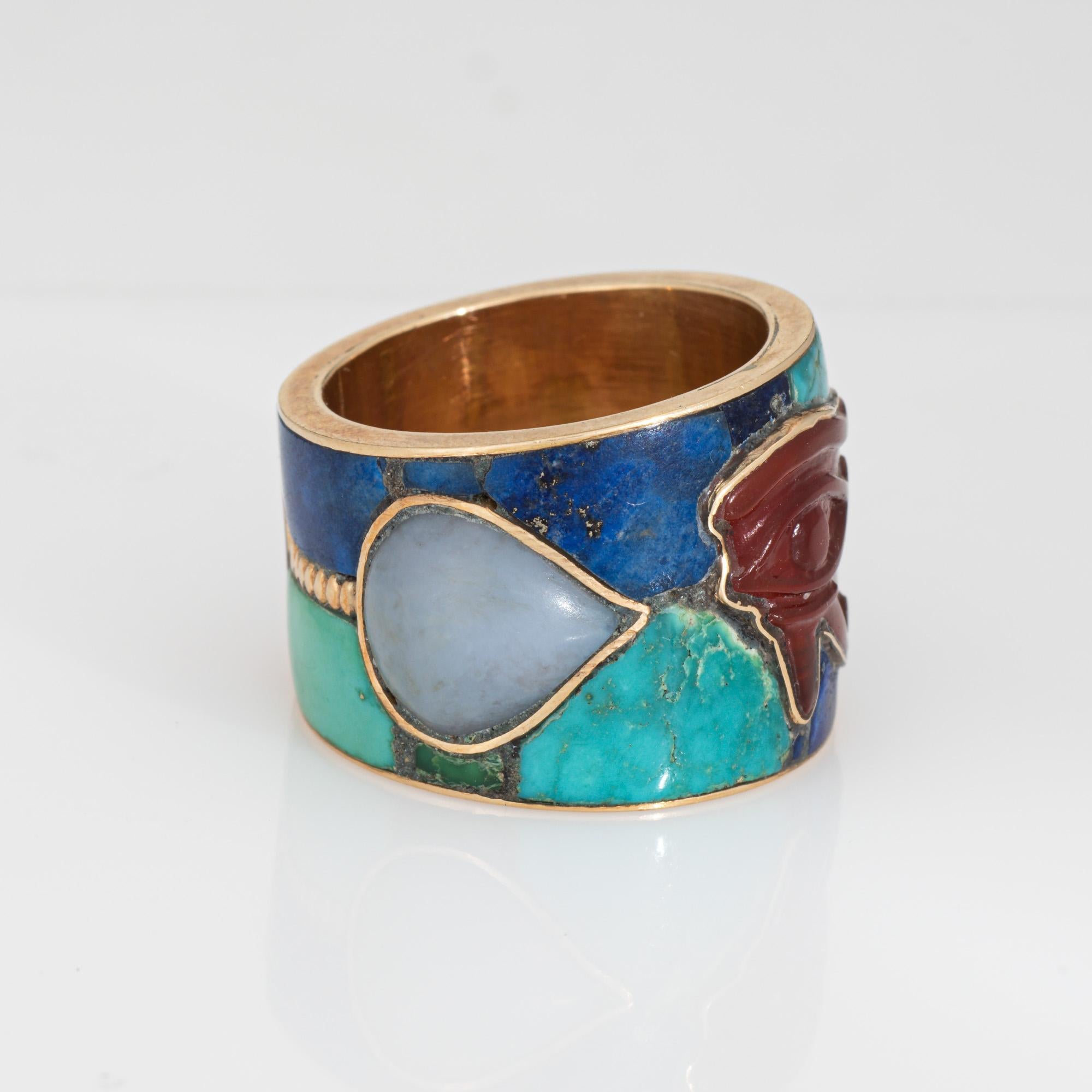 Modern Eye of Horus Ring Sz 8 Vintage 14k Gold Band Lapis Turquoise Egyptian Jewelry