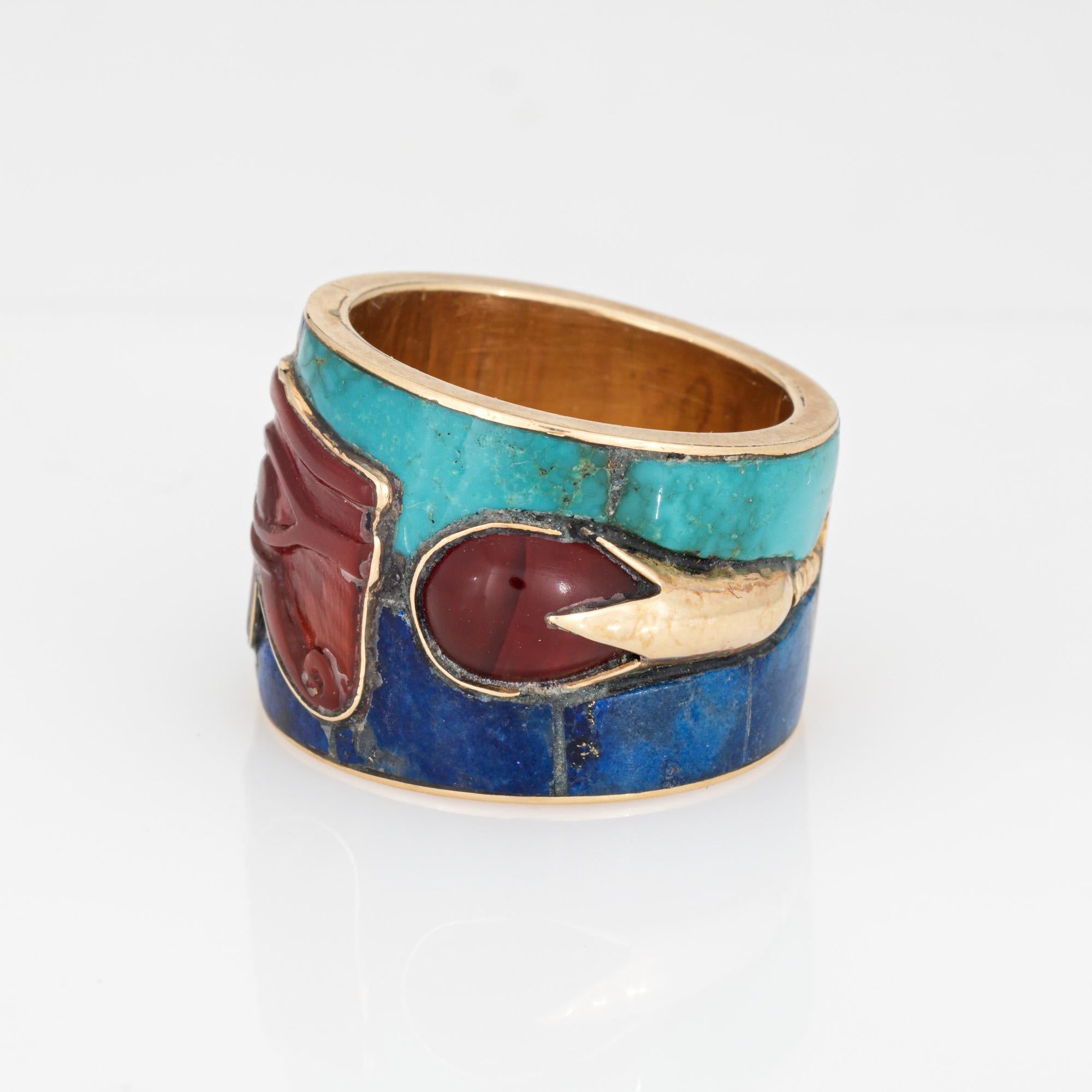 Cabochon Eye of Horus Ring Sz 8 Vintage 14k Gold Band Lapis Turquoise Egyptian Jewelry