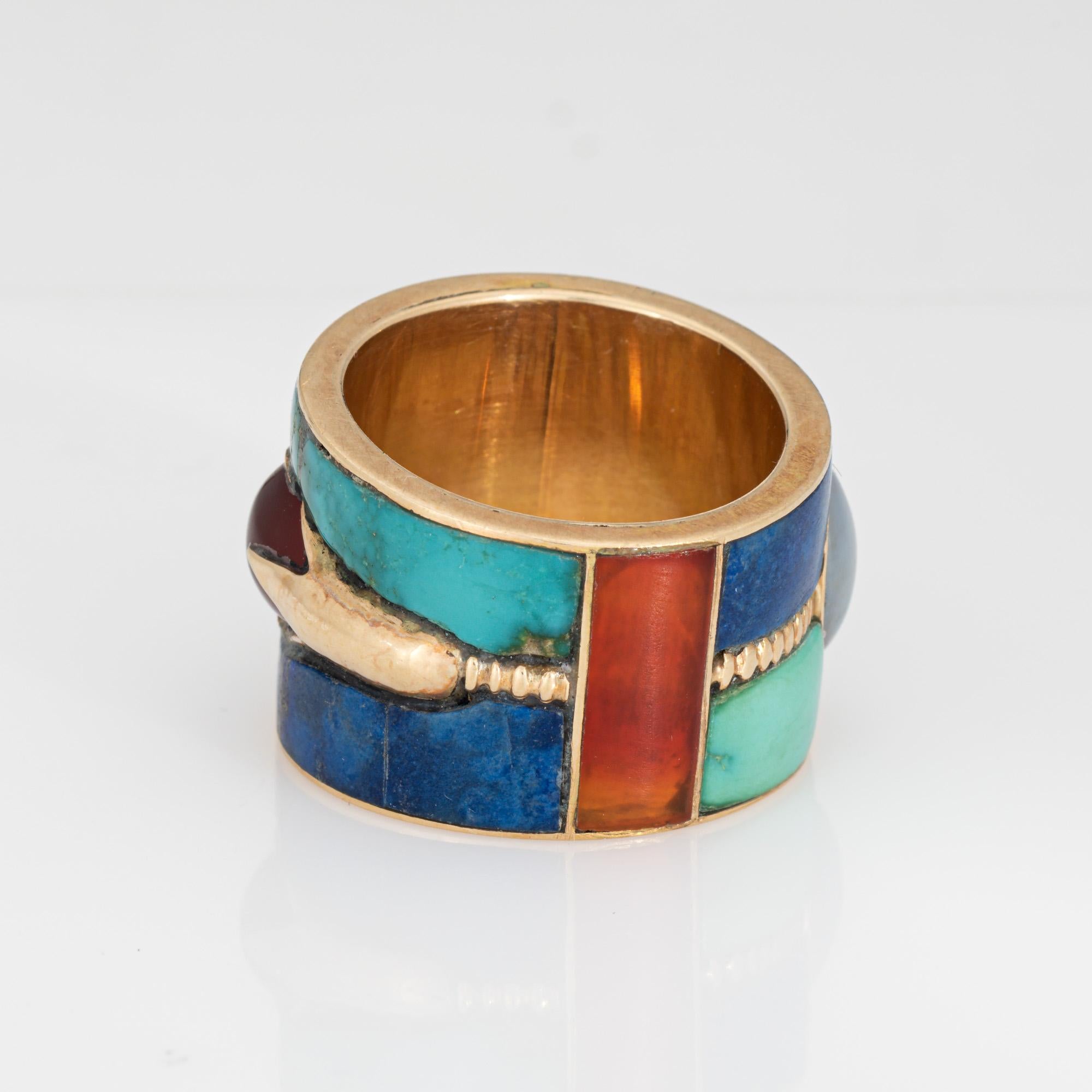 Eye of Horus Ring Sz 8 Vintage 14k Gold Band Lapis Turquoise Egyptian Jewelry In Good Condition In Torrance, CA