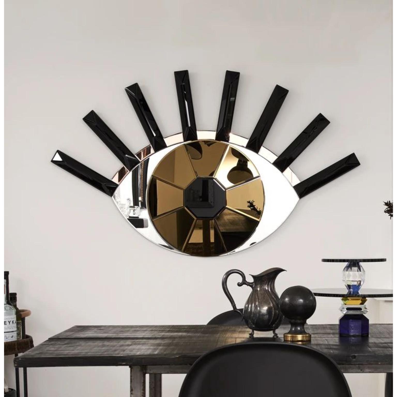 Eye of the tiger mirror.
Dimensions: W 132.2 x D 3.5 x H 79.6 cm
Material: 4 mm faceted mirror on black painted MDF
Weight: 10 kg.

The Reflections Copenhagen Eye of the Tiger mirror illustrates the magnificence of light as it bounces back and