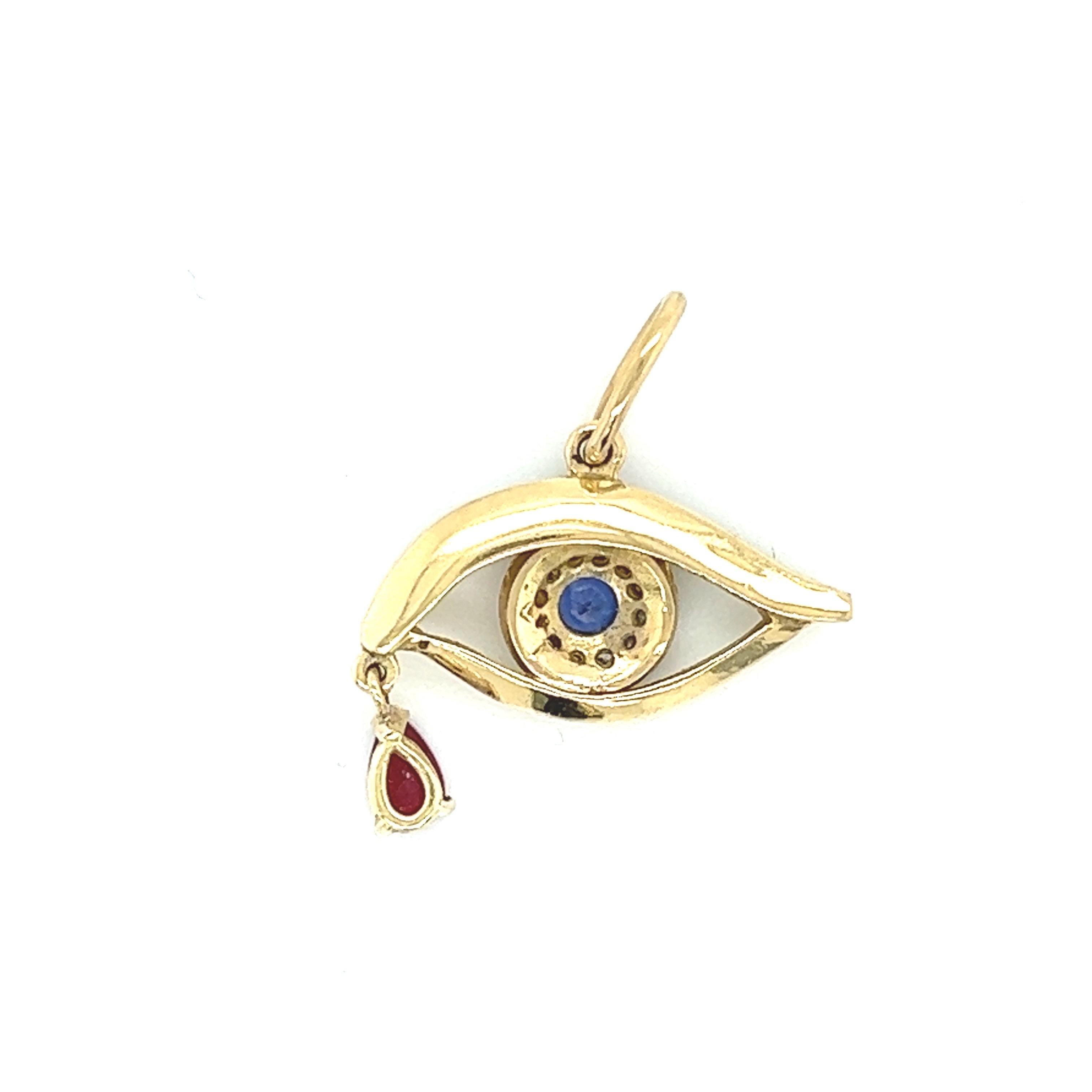Round Cut Eye Pendant Ceylon Sapphire Ruby Diamonds in Yellow Gold For Sale