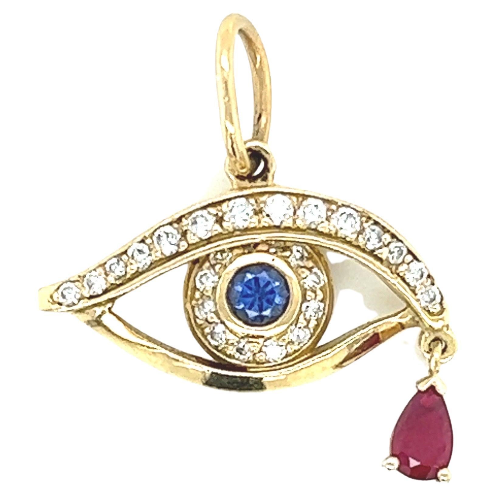 Eye Pendant Ceylon Sapphire Ruby Diamonds in Yellow Gold For Sale
