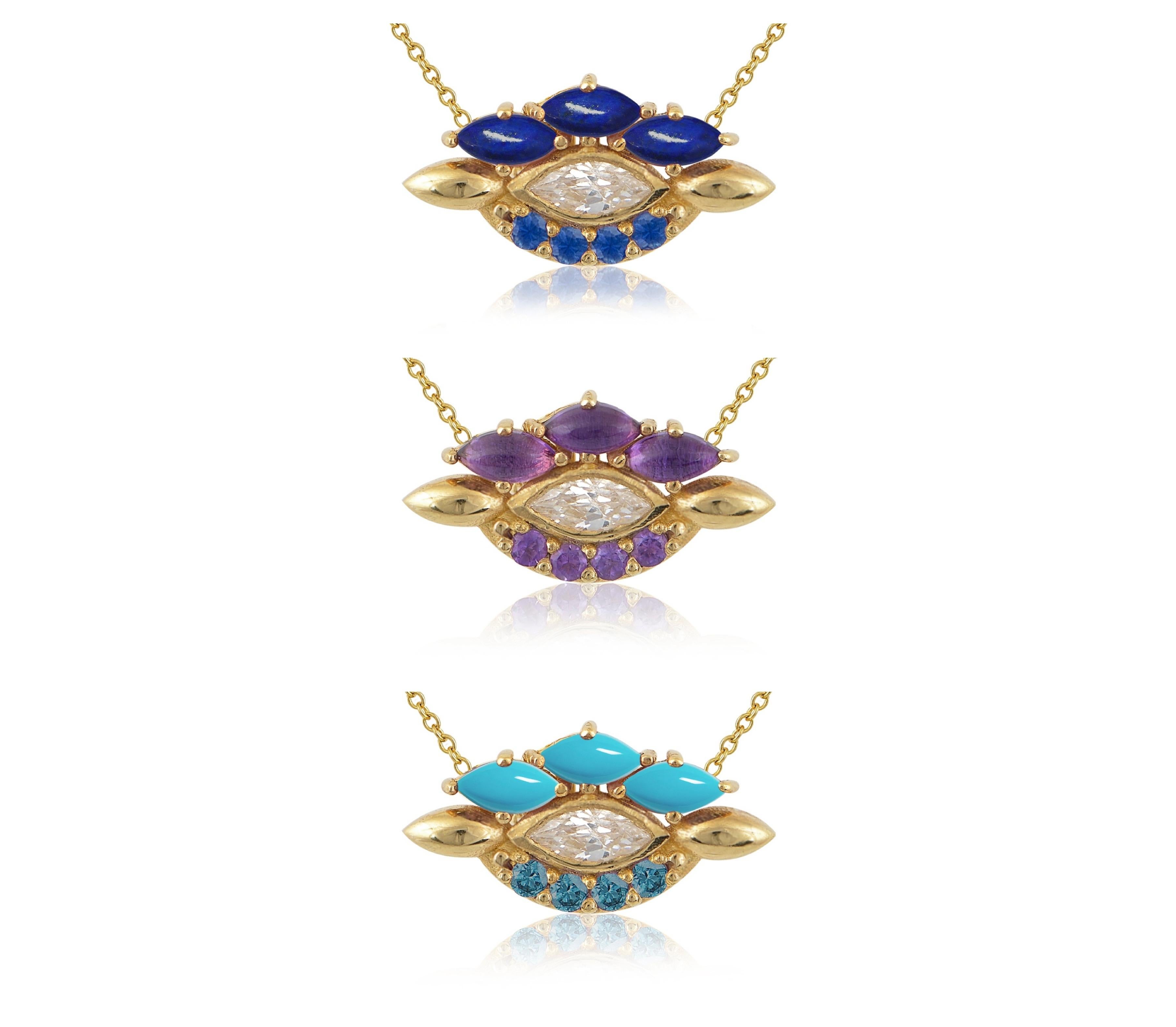 Contemporary Eye Pendant in 18 Karat Yellow Gold With A Diamond, Lapis And Sapphires For Sale