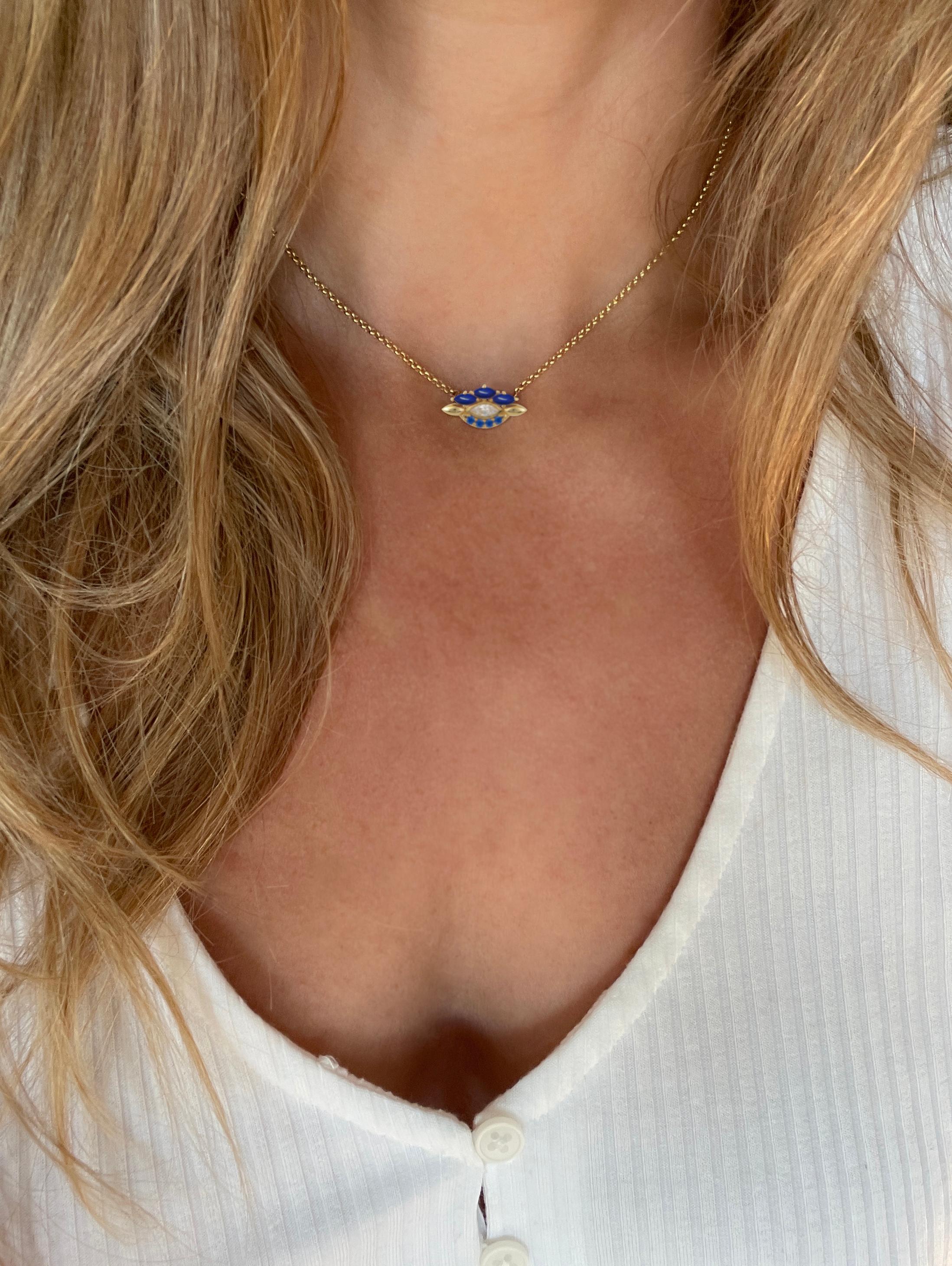 Marquise Cut Eye Pendant in 18 Karat Yellow Gold With A Diamond, Lapis And Sapphires For Sale