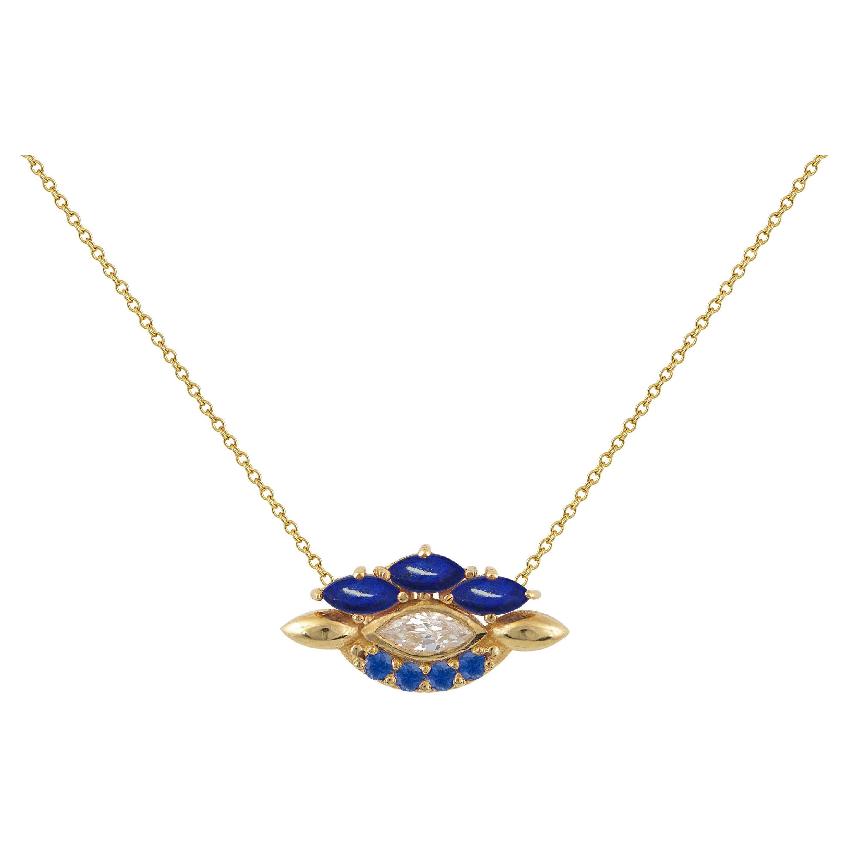 Eye Pendant in 18 Karat Yellow Gold With A Diamond, Lapis And Sapphires For Sale