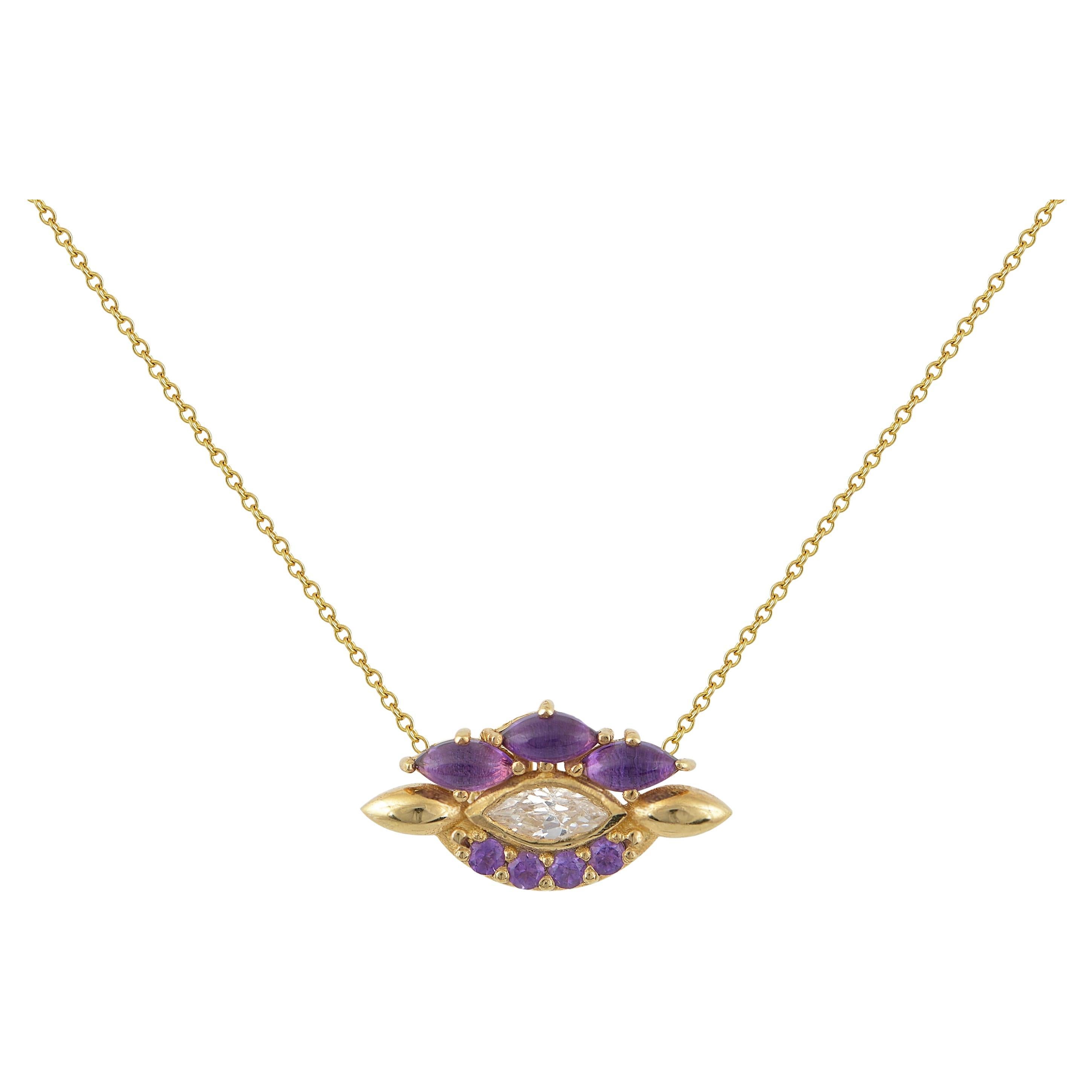 Eye Pendant in 18 Karat Yellow Gold With A Pear Shaped Diamond And Amethysts For Sale