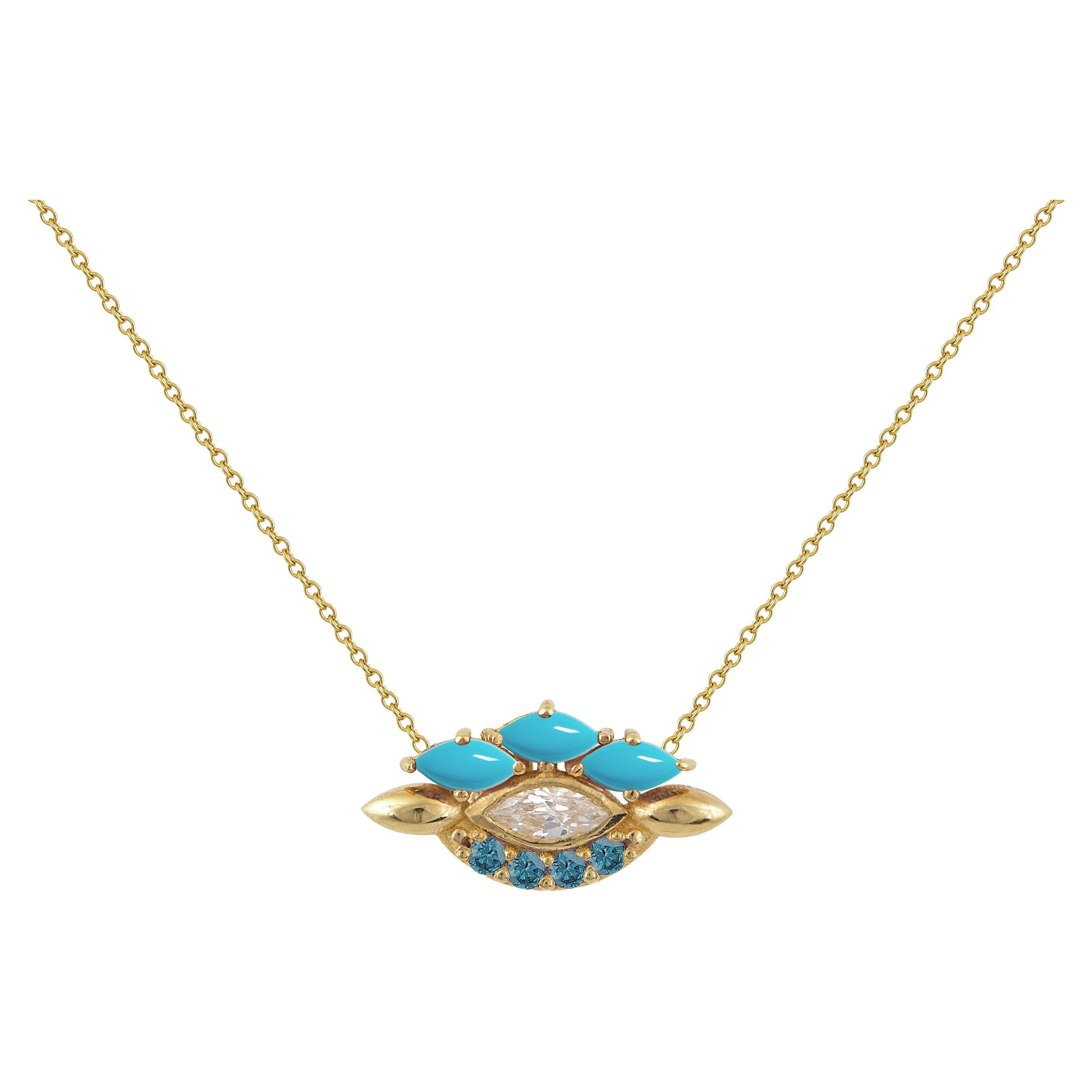 Eye Pendant in 18 Karat Yellow Gold with Colorless Diamond, Topaz And Turquoise