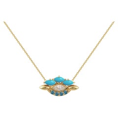 Eye Pendant in 18 Karat Yellow Gold with Colorless and Blue Diamonds, Turquoise