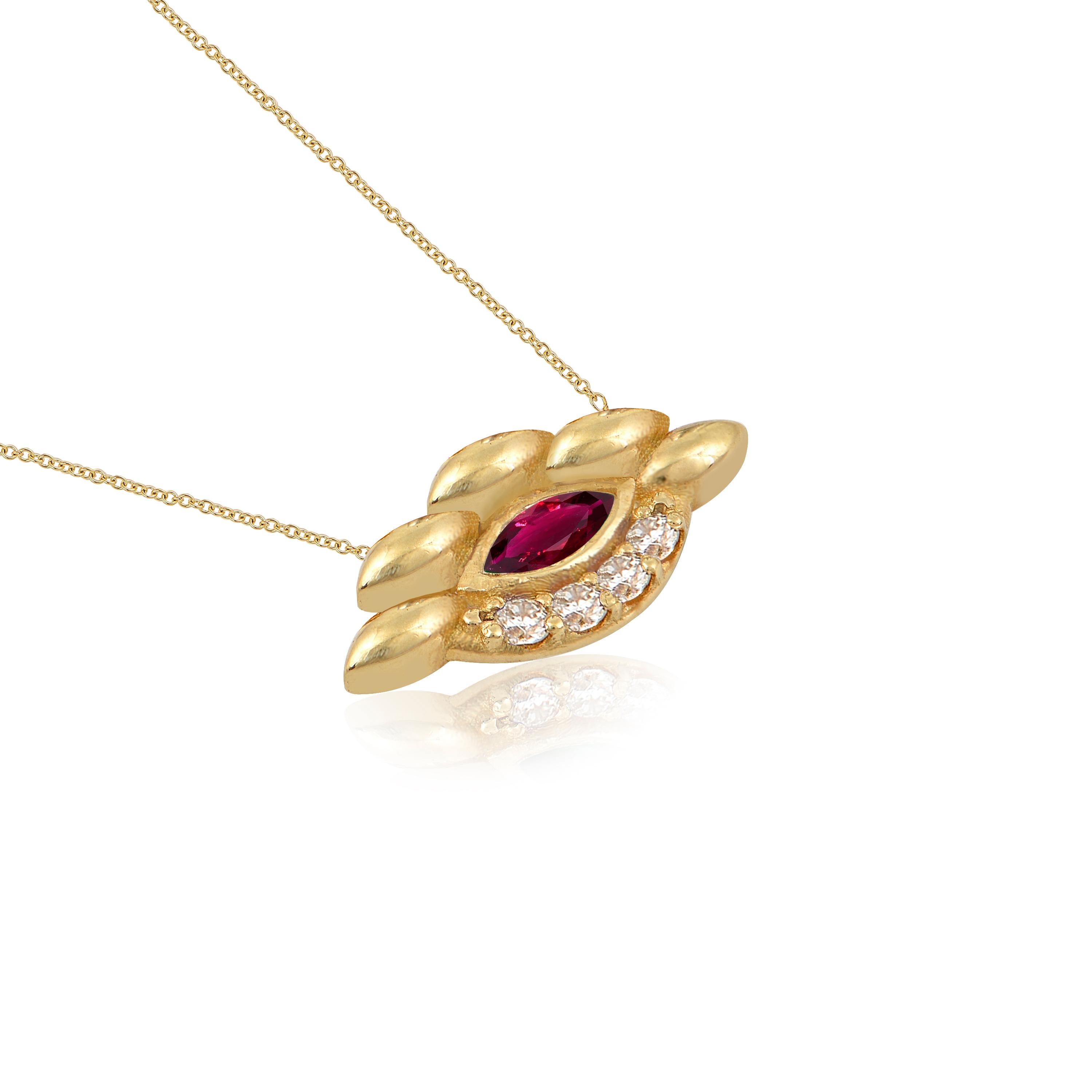 Designer: Alexia Gryllaki

Dimensions: motif 18x9mm, chain 450mm
Weight: approximately 3.8g (inc. chain) 
Barcode: NEX7008SS


Eye pendant in 18 karat yellow gold with a 400mm chain, set with a marquise ruby approx. 0.30cts and round brilliant-cut