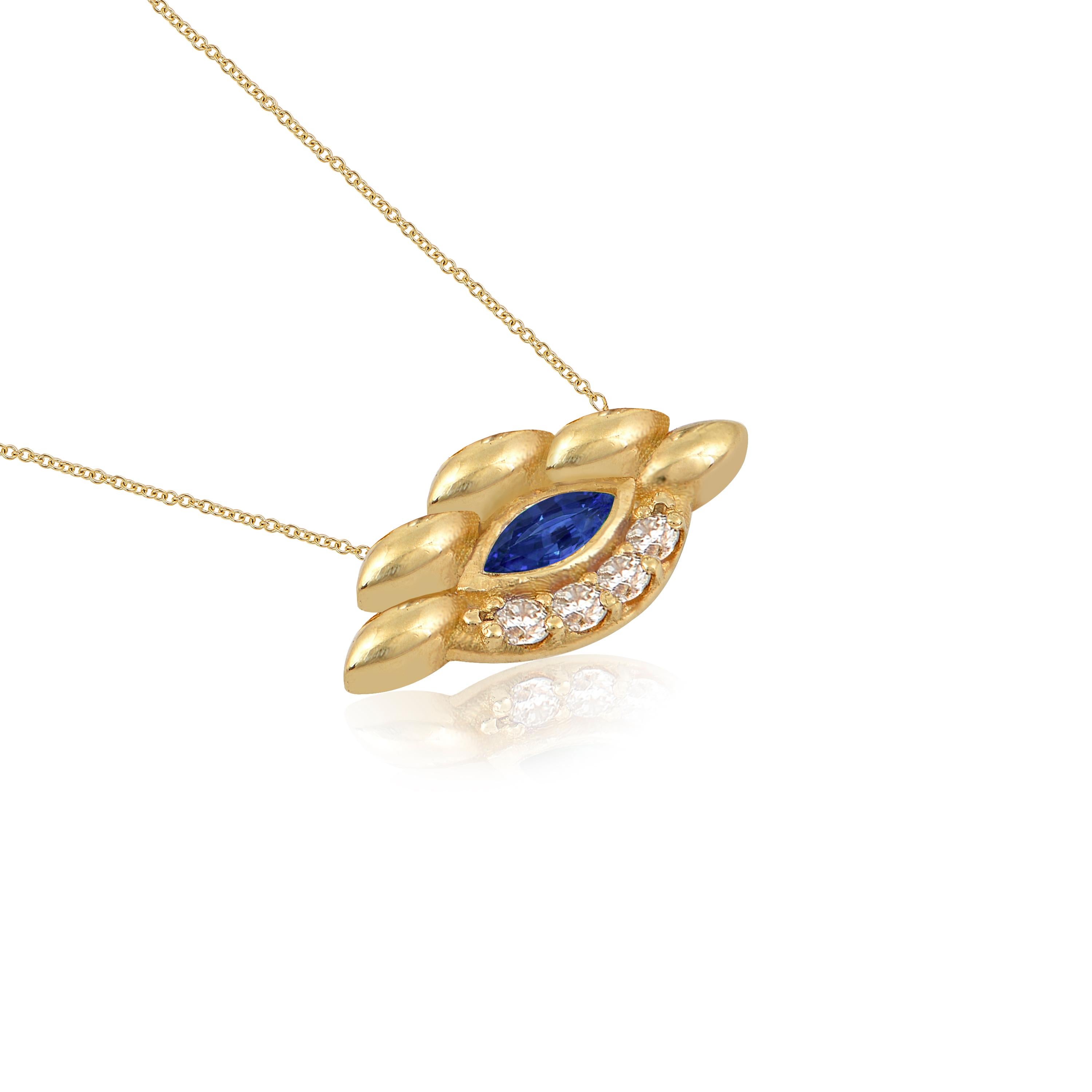 Designer: Alexia Gryllaki

Dimensions: motif 18x9mm, chain 450mm
Weight: approximately 3.8g (inc. chain) 
Barcode: NEX7008SS


Eye pendant in 18 karat yellow gold with a 400mm chain, set with a marquise sapphire approx. 0.30cts and round