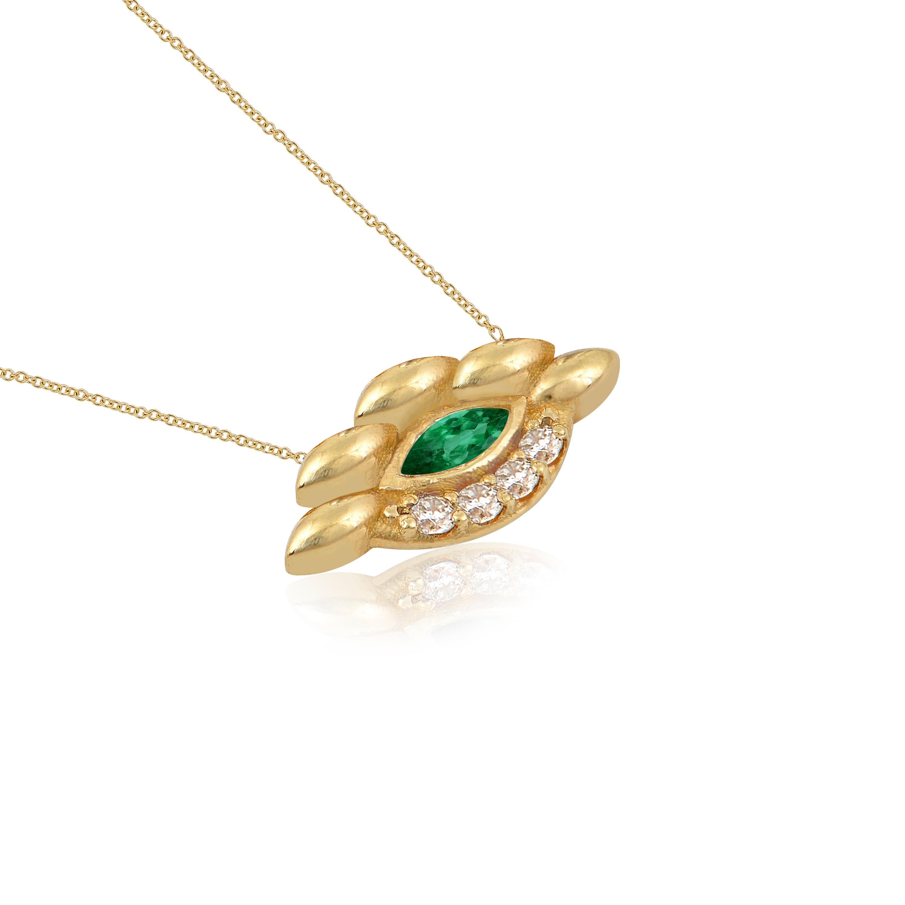 Designer: Alexia Gryllaki

Dimensions: motif 18x9mm, chain 450mm
Weight: approximately 3.8g (inc. chain) 
Barcode: NEX7008SS


Eye pendant in 18 karat yellow gold with a 400mm chain, set with a marquise emerald approx. 0.23cts and round