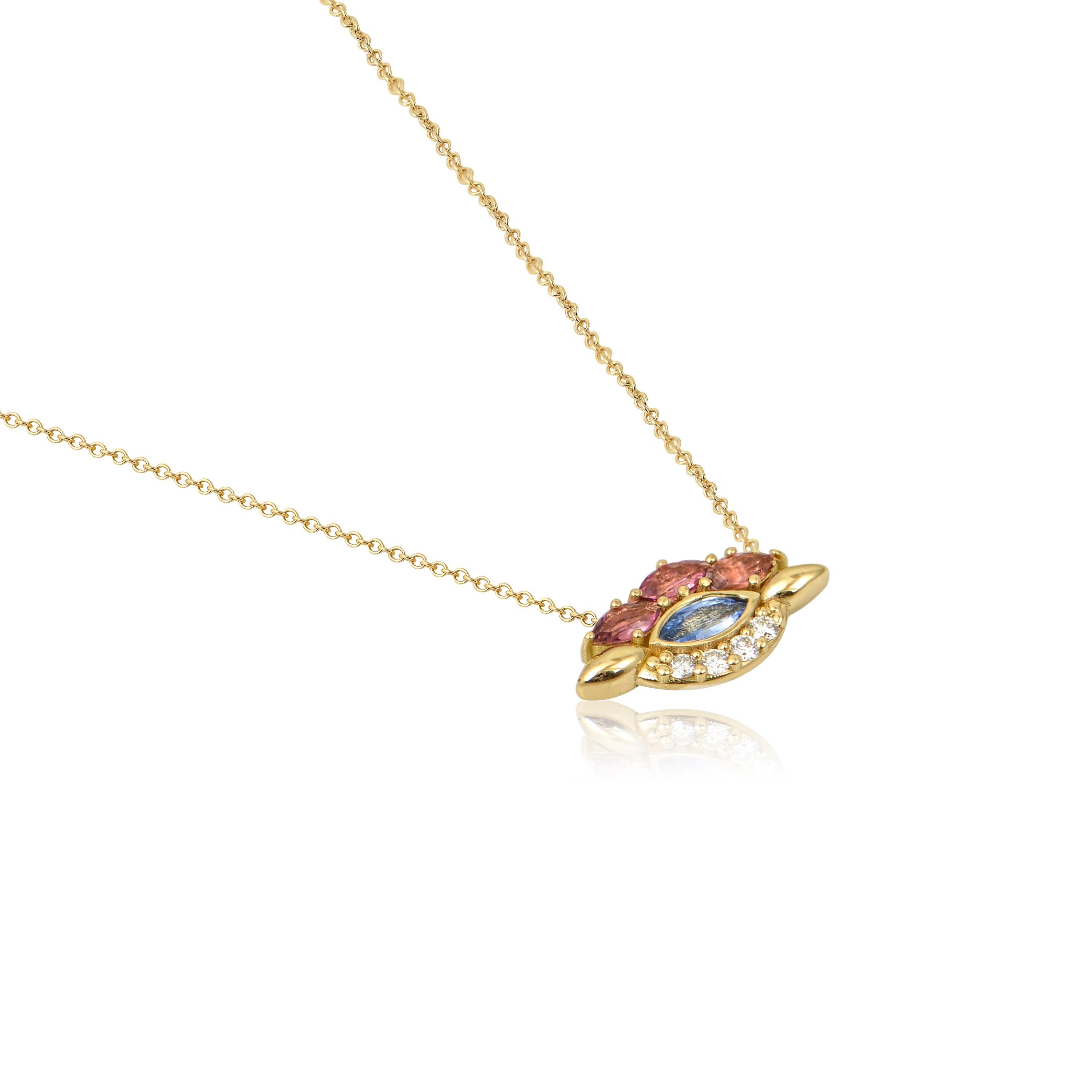Designer: Alexia Gryllaki

Dimensions: motif 18x9mm, chain approx. 450mm
Weight: approximately 3.8g (inc. chain) 
Barcode: NEX7008MLT3


Eye pendant in 18 karat yellow gold with an approx. 450mm chain, set with marquise faceted pink tourmalines
