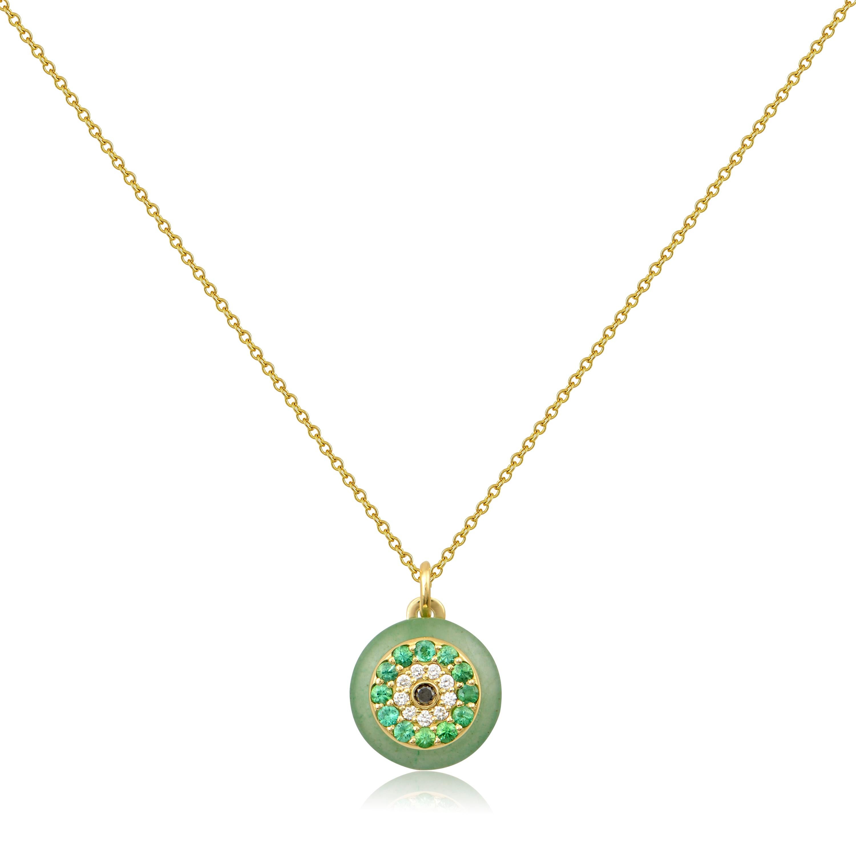 Pendentif œil en or jaune 18 carats avec émeraudes, diamants et quartz aventurine