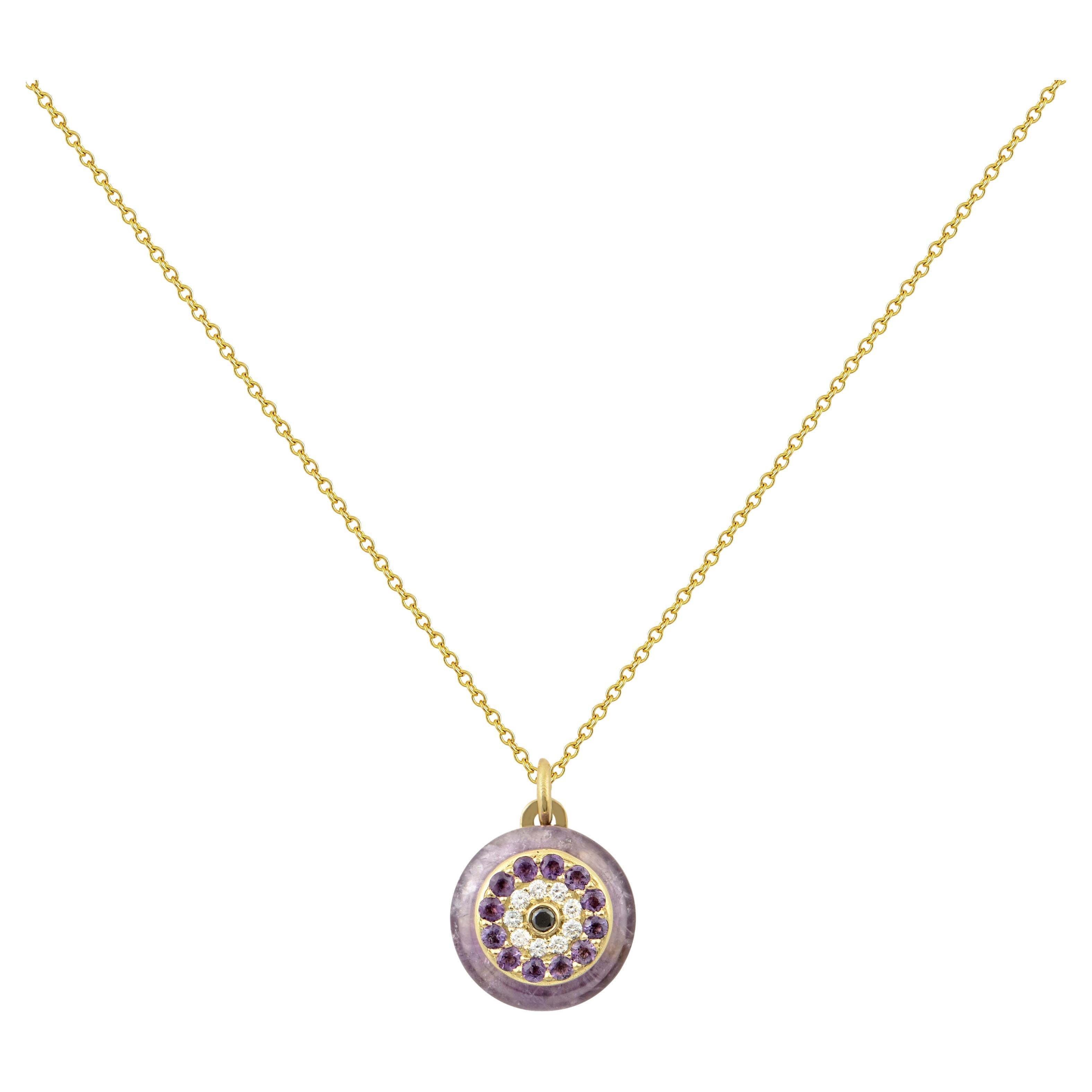 Pendentif œil en or jaune 18Kt avec diamants et améthystes