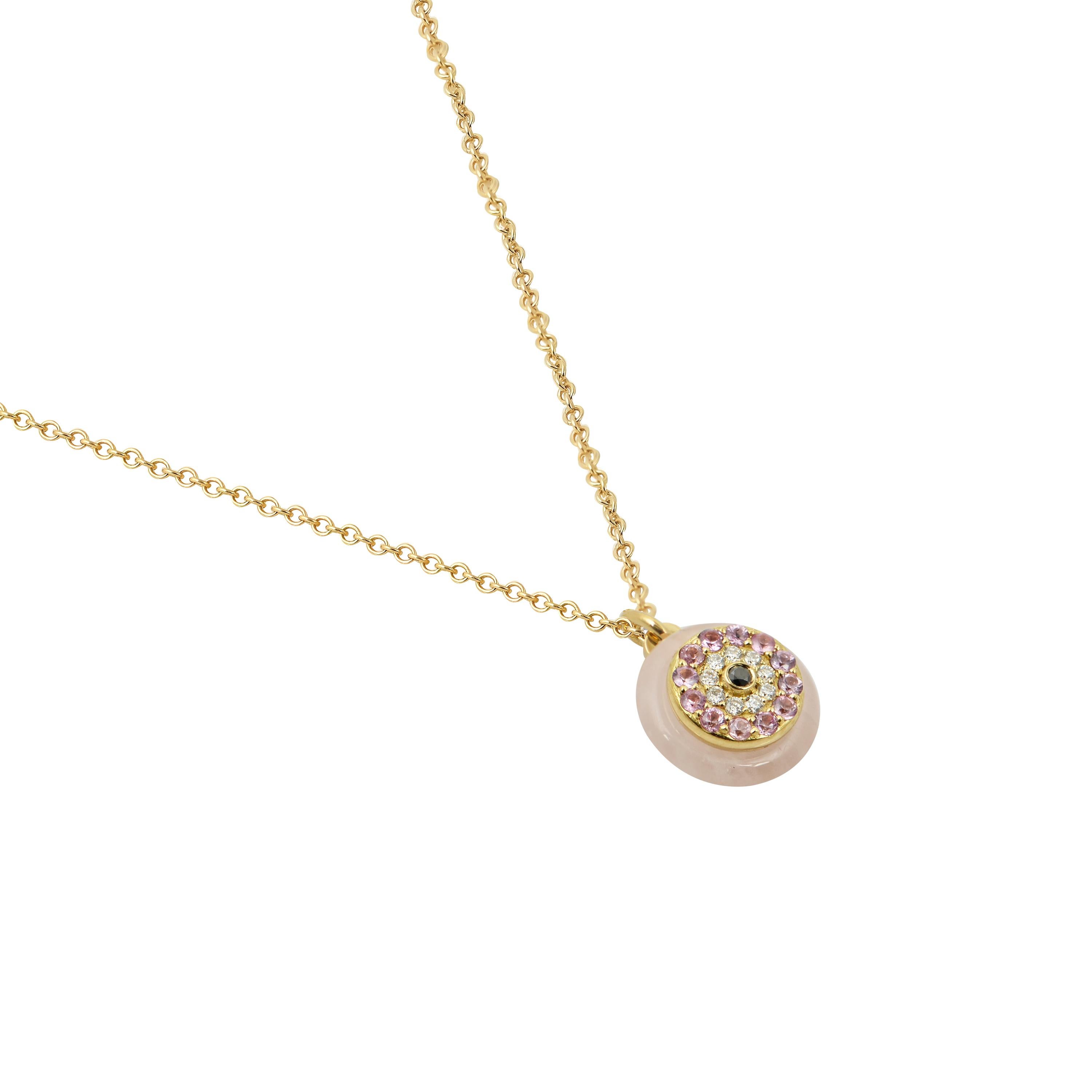 Taille ronde Pendentif œil en or jaune 18Kt avec diamants, saphirs roses et quartz rose en vente