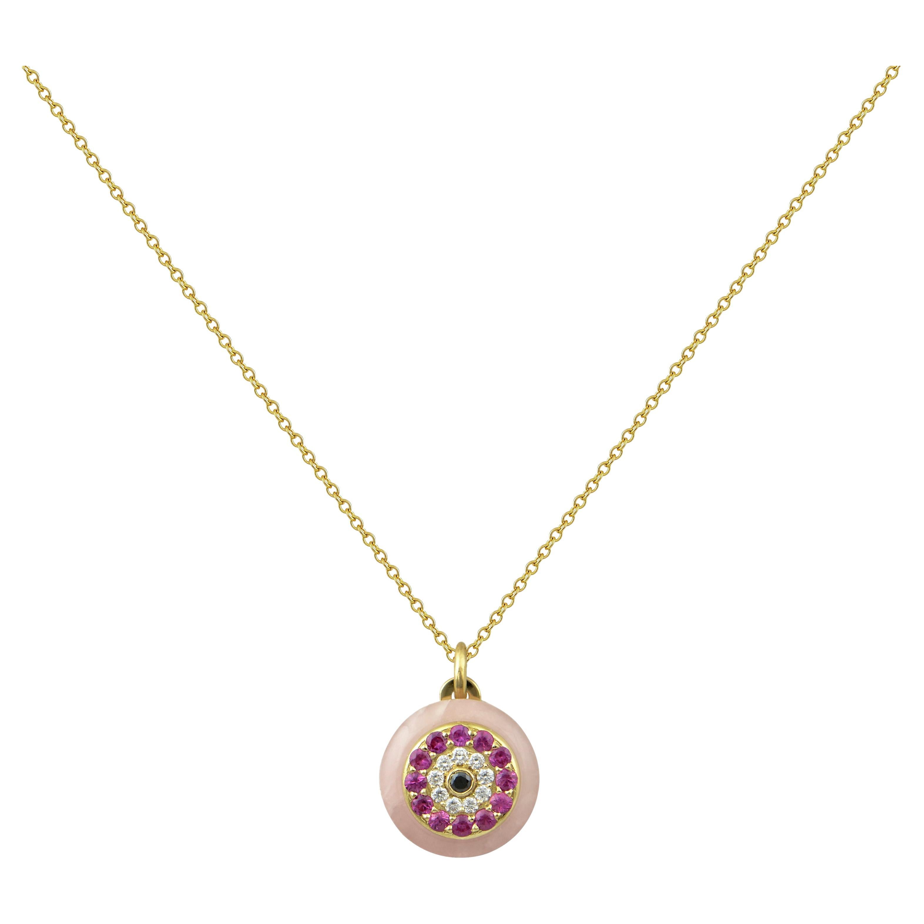 Pendentif œil en or jaune 18Kt avec diamants, saphirs roses et quartz rose