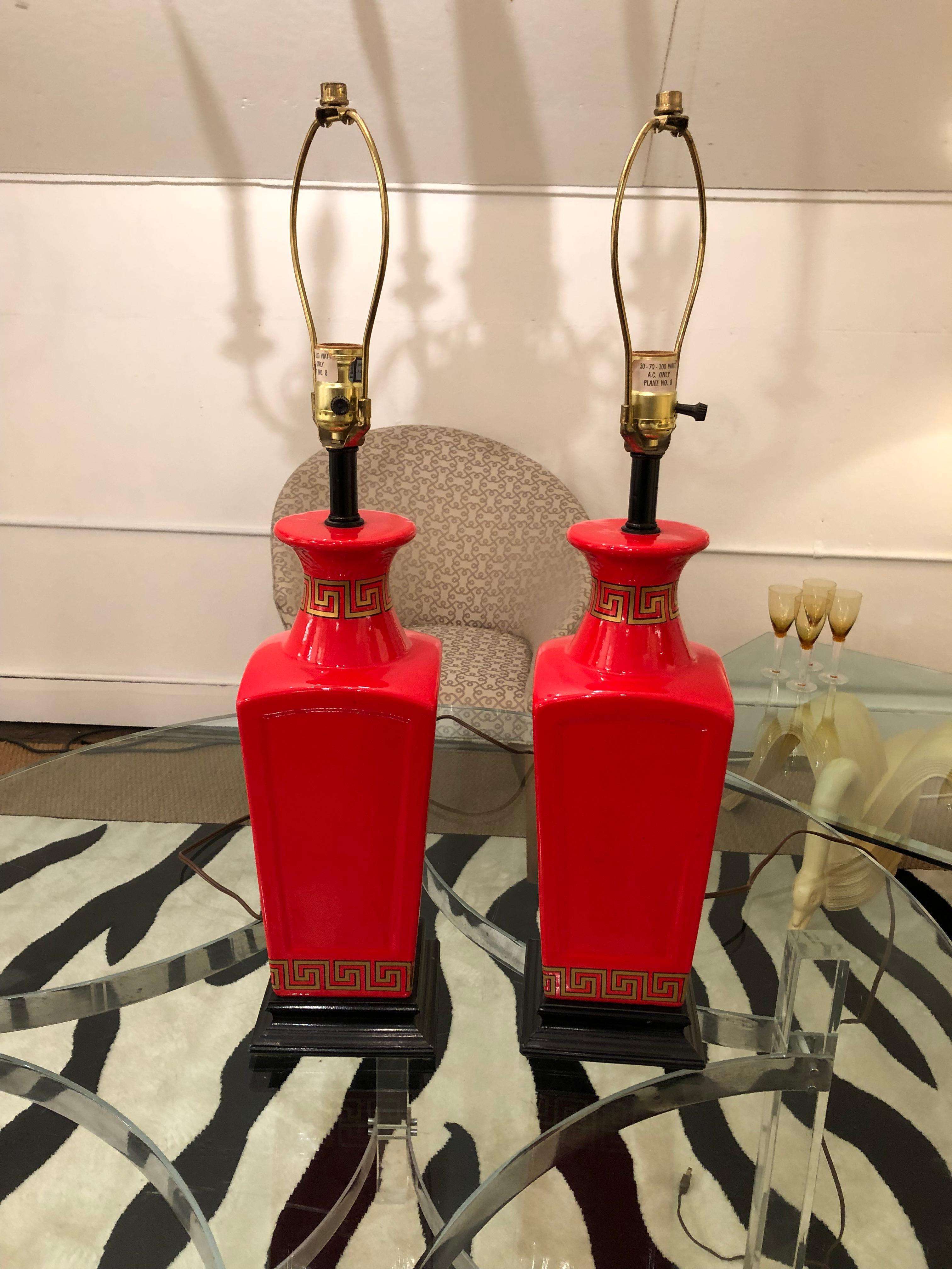 Eye Popping Hollywood Regency Pair Red Gold & Black Table Lamps with Greek Key In Good Condition For Sale In Hopewell, NJ