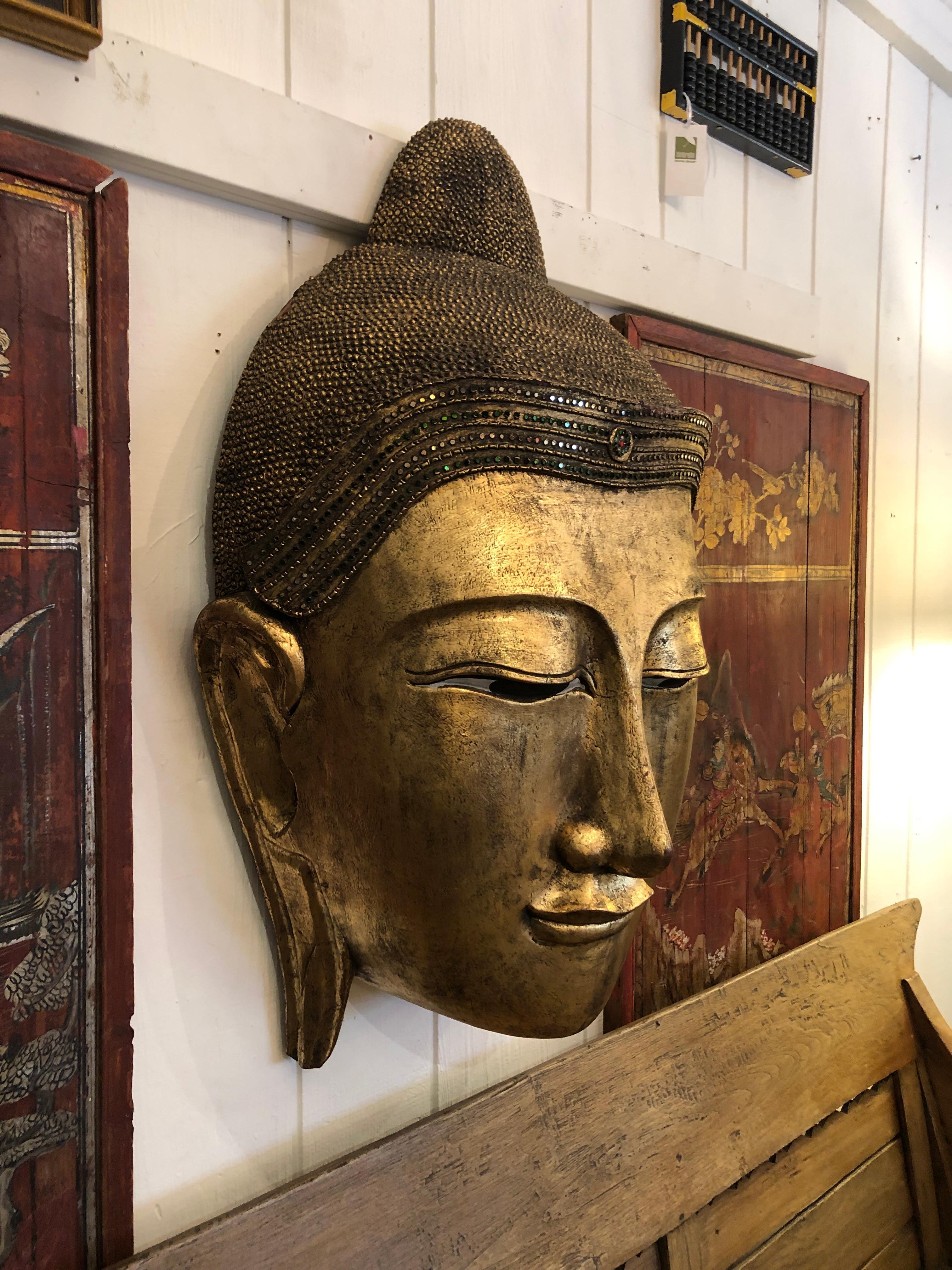Vietnamese Eye Popping Very Large Imported Gilded and Embellished Buddha Head Wall Art For Sale