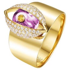 Eye Cocktail Ring 18 Karat Yellow Gold Diamond Purple Amethyst Yellow Diamond