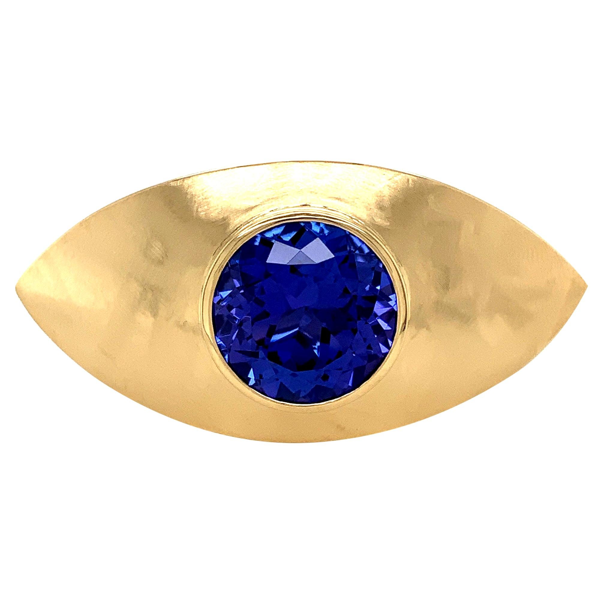  Georg Spreng - Eye Ring 18 Karat Yellow Gold with Round Natural Blue Tanzanite For Sale