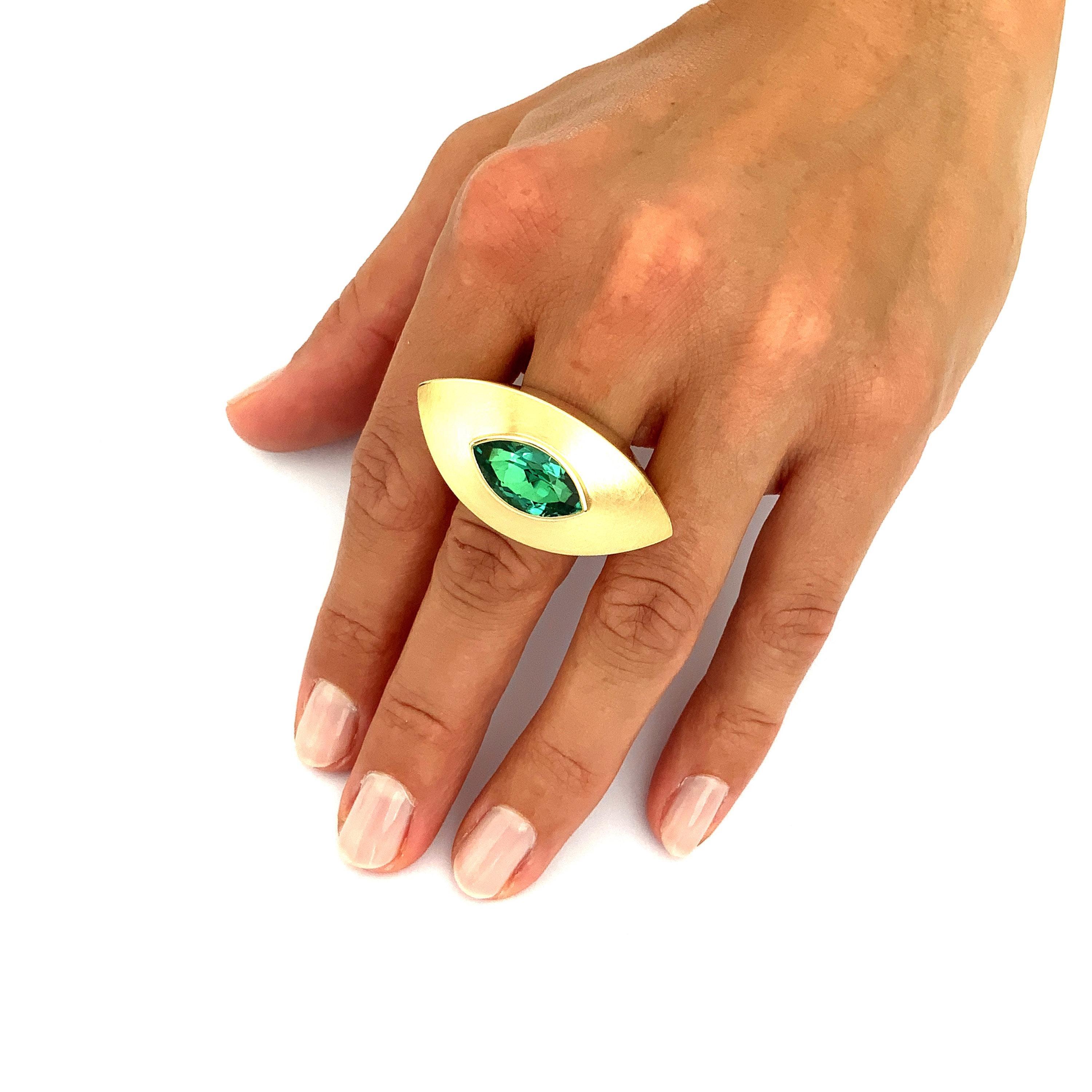Women's or Men's Georg Spreng - Eye Ring 18K Yellow Gold Marquis Natural Blue Green Tourmaline For Sale