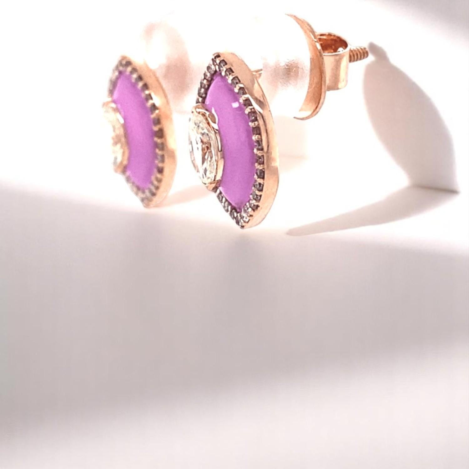 Eye shape Diamond Stud Earrings with Pink Enamel in 14k Solid Gold (Certified) For Sale 2
