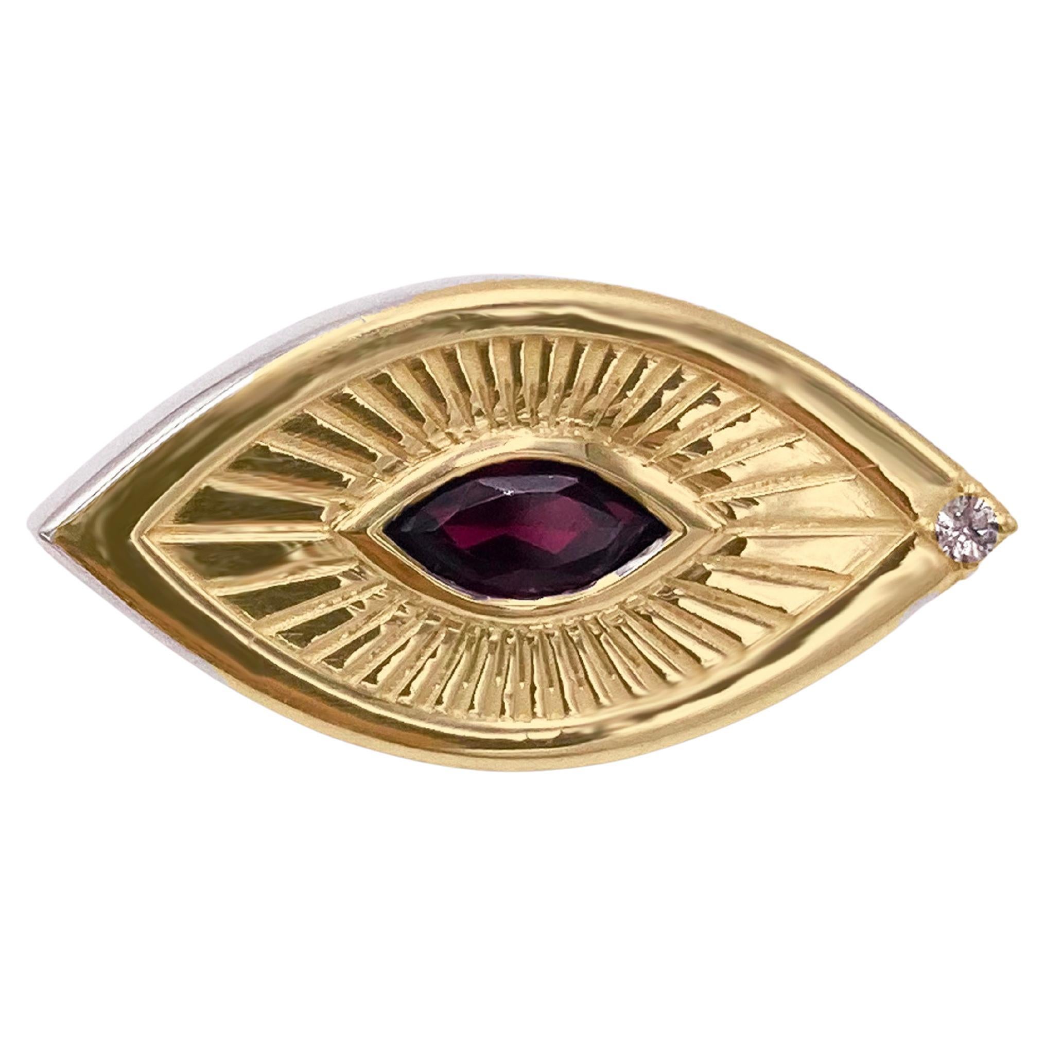 The Eye Shape Victorian Symbolist Earrings in 18K white gold features a bold, handcrafted eye design with a deep red marquise-cut garnet at its center. 
Dimension: 0.98 in x 0.60 in (2,5 x 1,5 cm)
made for pierced earrings,available Clip on on